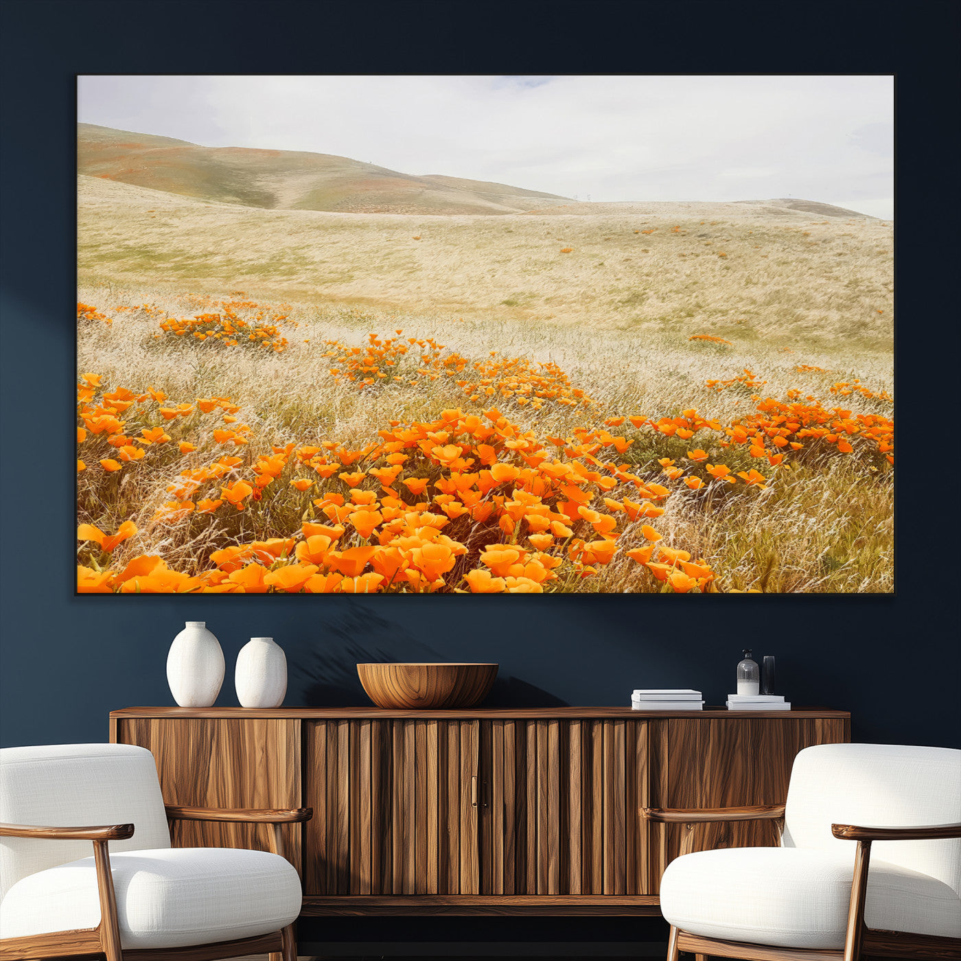 28972262-SEG-FC-51X34_Oversize_Oversize-Golden Wildflowers Wall Art Canvas Print, Framed Hills Bloom Art Picture Print, Poppy Meadow Perfect Rustic Nature Decor Artwork