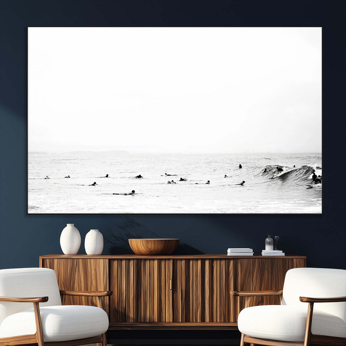 38441169-SEG-FC-51X34_Oversize_Oversize-Monochrome Swimming Wall Art Canvas Print, Framed Ocean Horizon Art Picture Print, Moody Coastal Perfect Minimalist Coastal Decor
