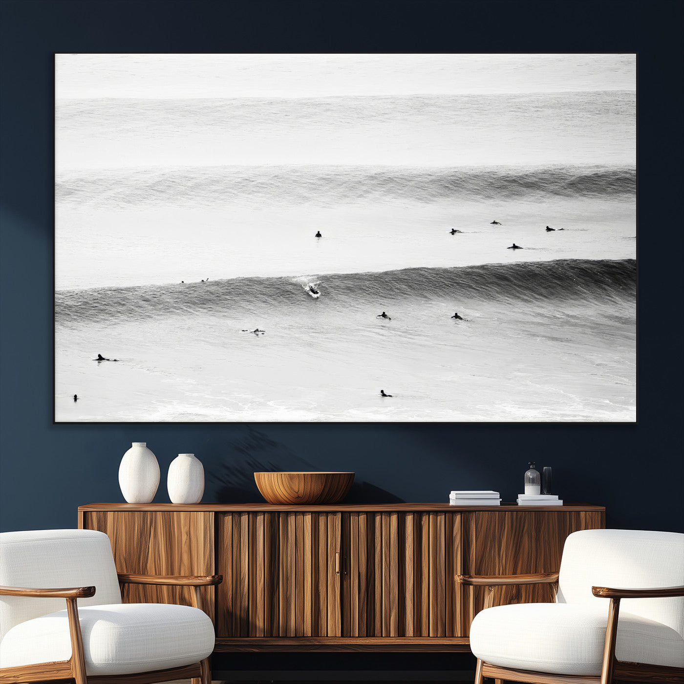 54291445-MGV-CV-36X24-Black White Ocean Wall Art Canvas Print, Framed Coastal Sport Art Picture Print, Ocean Culture Perfect Minimalist Coastal Decor