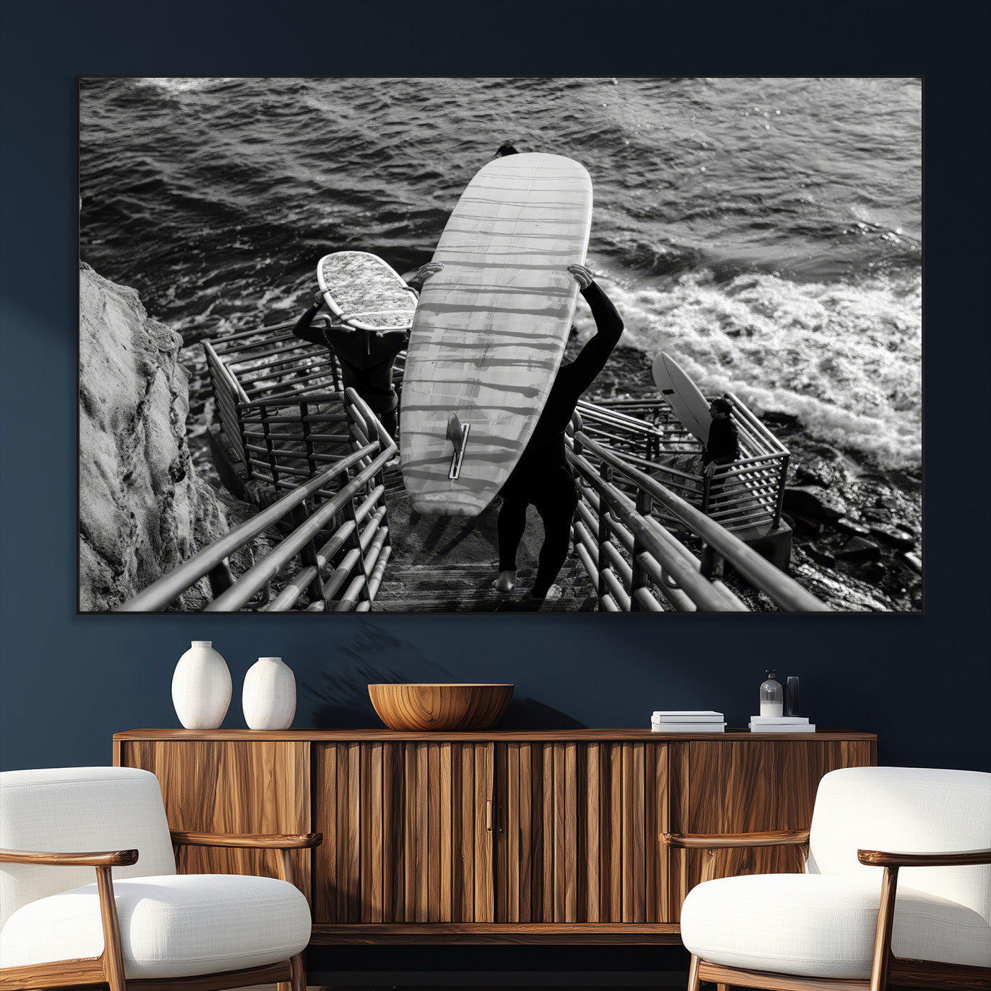 32353707-MGV-CV-36X24-Black White Surfing Wall Art Canvas Print, Framed Coastal Surfing Art Picture Print, Wave Riders Perfect Coastal Adventure Decor