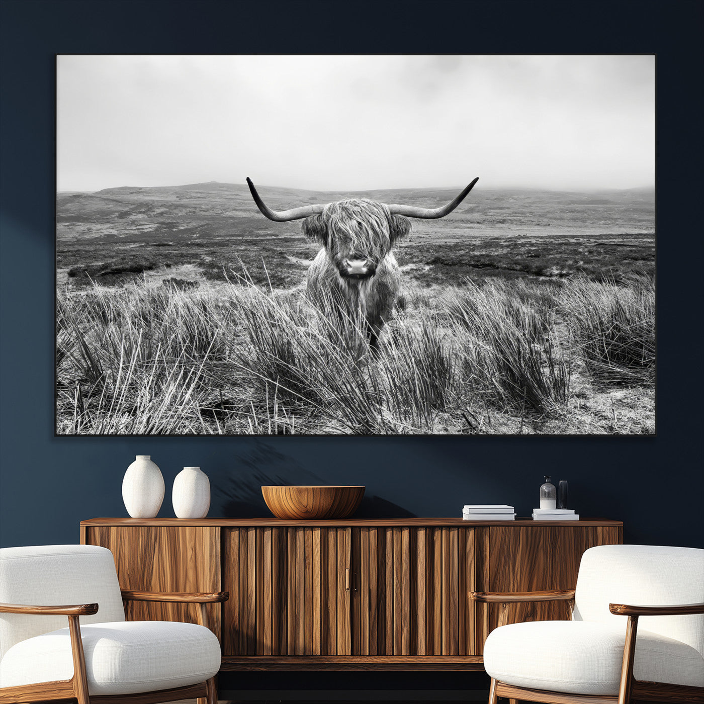 24051061-SEG-FC-51X34_Oversize_Oversize-Monochrome Highland Cow Wall Art Canvas Print, Framed Scottish Bull Art Picture Print, Lone Cattle Perfect Rustic Farmhouse Decor
