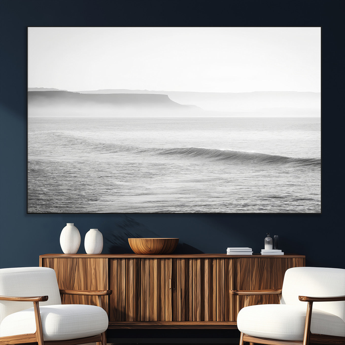 60635783-MGV-CV-36X24-Black White Seascape Wall Art Canvas Print, Framed Ocean Waves Art Picture Print, Misty Coastal Perfect Minimalist Coastal Decor