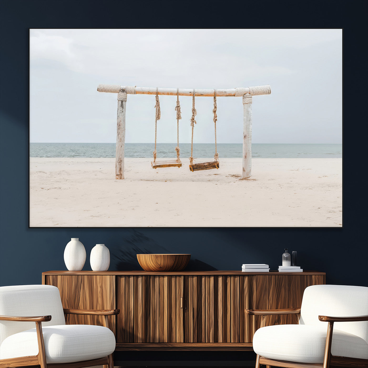 68327283-MGV-CV-36X24-Beach Swing Wall Art Canvas Print, Framed Quiet Beach Art Picture Print, Calm Shoreline Perfect Bohemian Coastal Decor Artwork