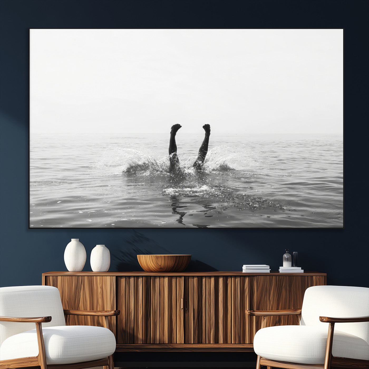 26667396-MGV-CV-36X24-Black White Ocean Wall Art Canvas Print, Framed Monochrome Water Art Picture Print, Diving into Water Perfect Minimalist Aquatic