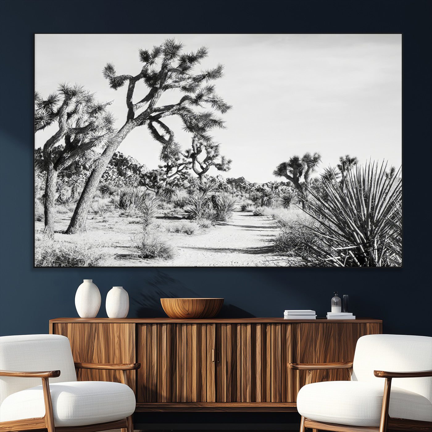 88164251-MGV-CV-36X24-Joshua Tree Wall Art Canvas Print, Framed Desert Path Art Picture Print, Monochrome Desert Perfect Minimalist Desert Decor Artwork