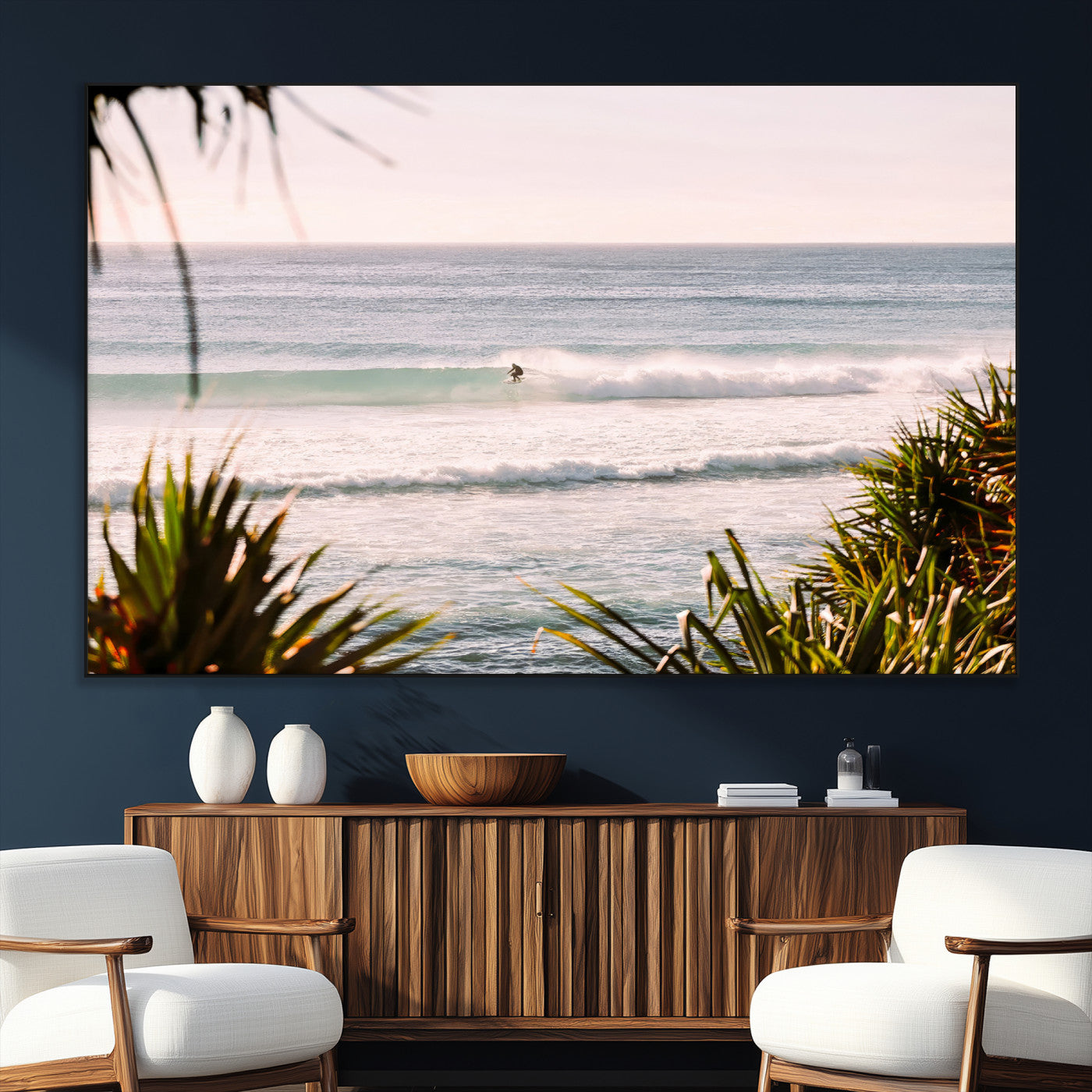 23287092-MGV-CV-36X24-Ocean Surfer Wall Art Canvas Print, Framed Coastal Surf Art Picture Print, Tropical Beach Perfect Tropical Coastal Decor Artwork