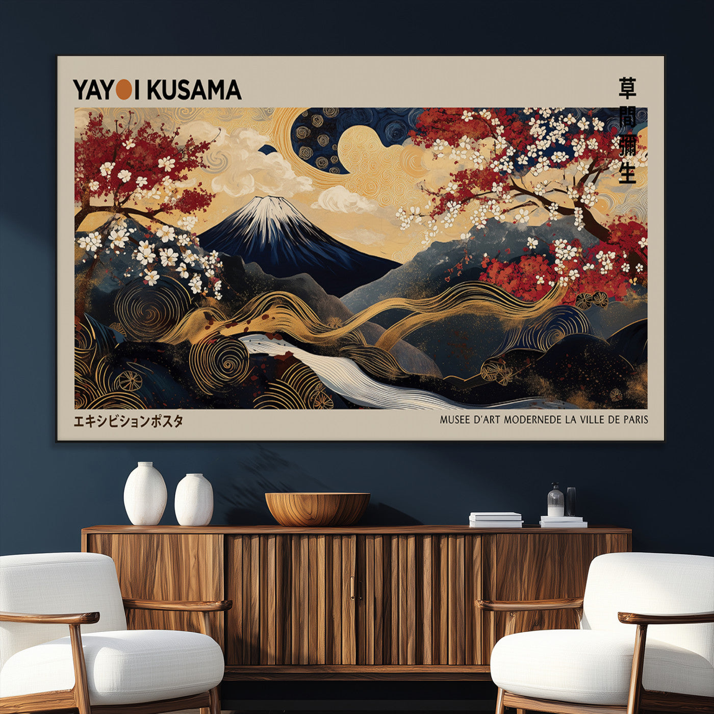 54967195-SEG-FC-51X34_Oversize_Oversize-Mount Fuji Wall Art – Japanese Cherry Blossom Abstract Canvas Print, Navy Gold Landscape Painting, Oriental Luxury Home Decor