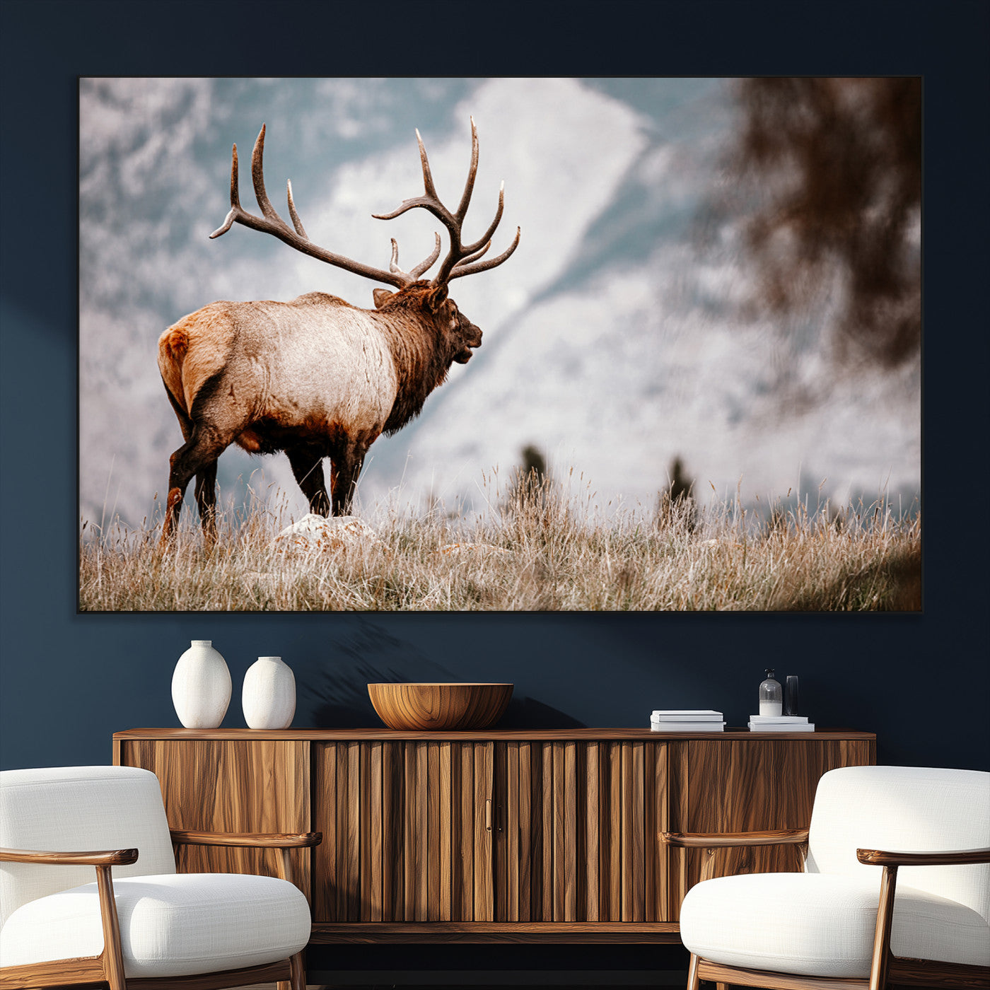 70489411-MGV-CV-36X24-Elk Photography Wall Art Canvas Print, Framed Mountain Wildlife Art Picture Print, Rustic Nature Decor Perfect Rustic Lodge Decor