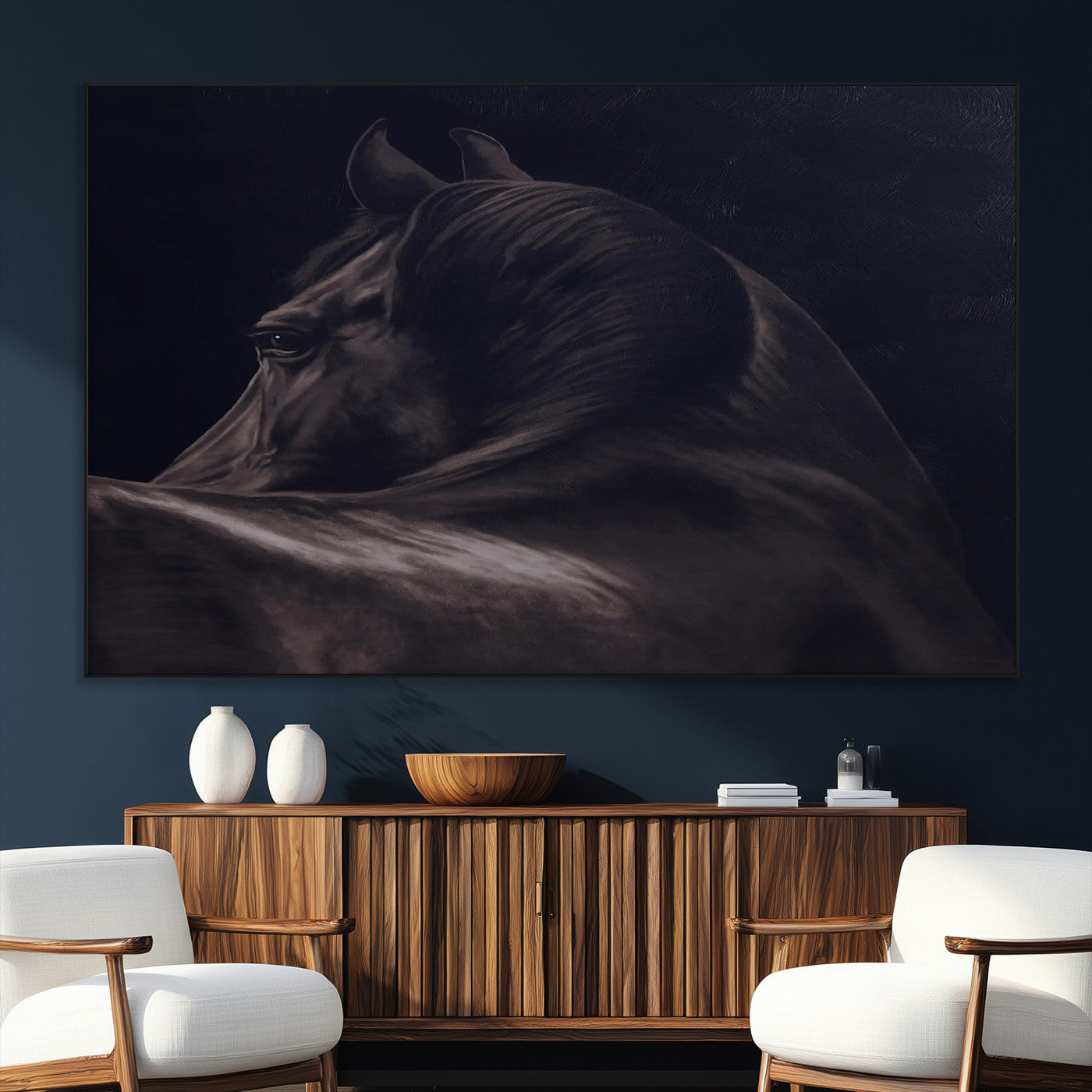 67026880-MGV-CV-36X24-Black Horse Portrait Wall Art Canvas Print, Framed Moody Horse Decor Art Picture Print, Equestrian Wall Style Perfect Masculine