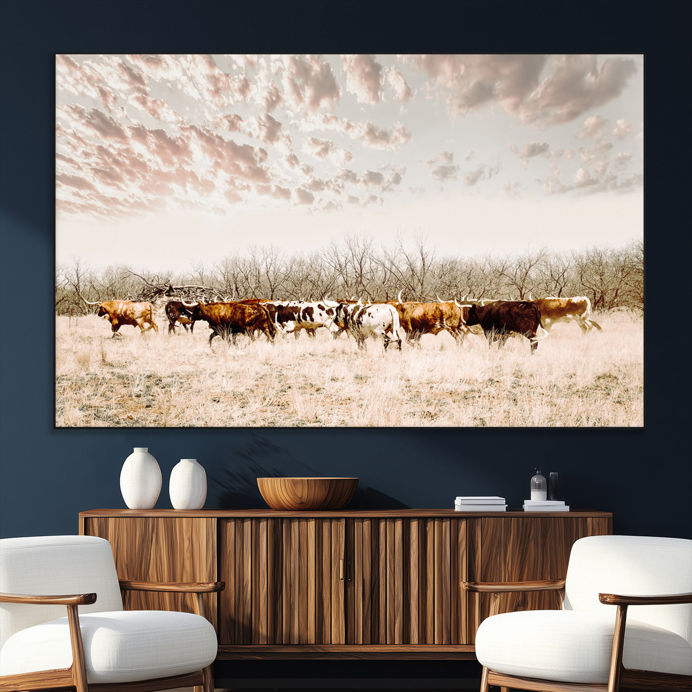 57389417-SEG-FC-51X34_Oversize_Oversize-Cow Herd Photography Wall Art Canvas Print, Framed Rustic Farmhouse Decor Art Picture Print, Western Ranch Style Perfect Rustic