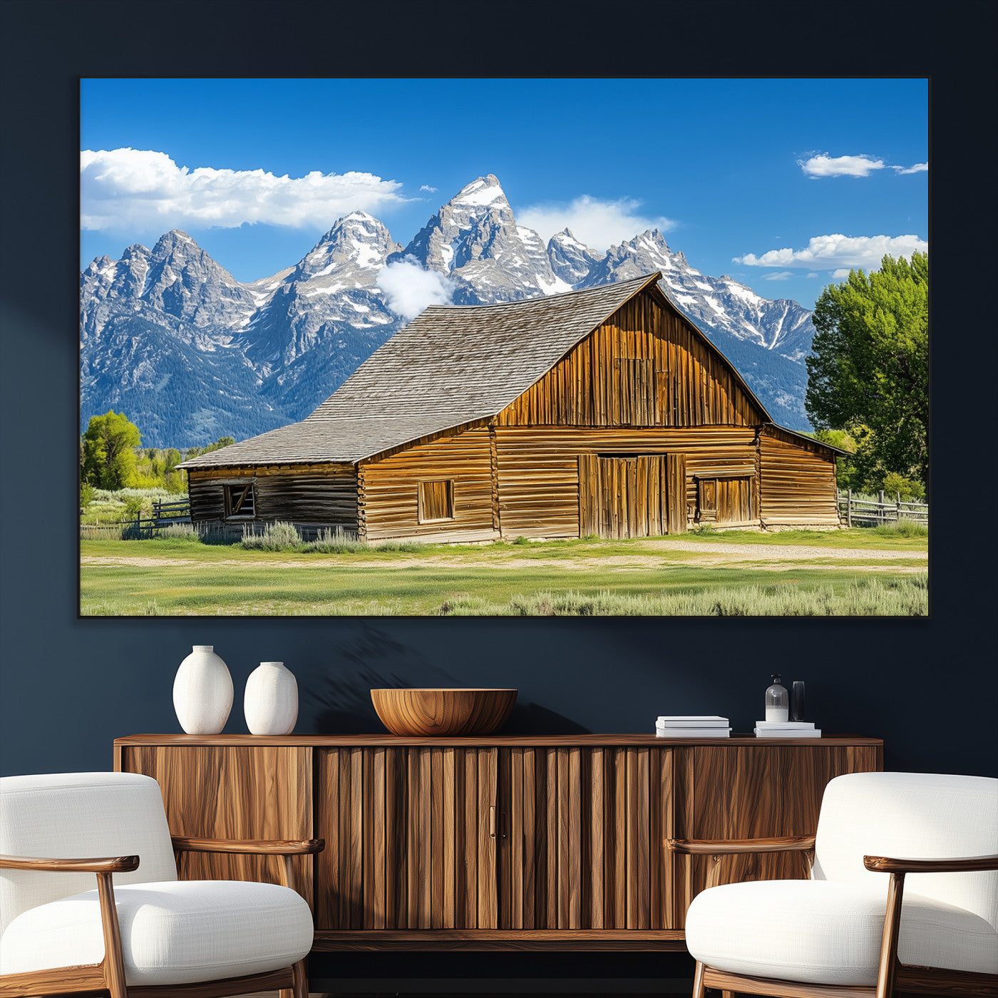 75948467-MGV-CV-36X24-Mountain Barn Scene Wall Art Canvas Print, Framed Rustic Farmhouse Style Art Picture Print, Country Cabin Decor Perfect Rustic