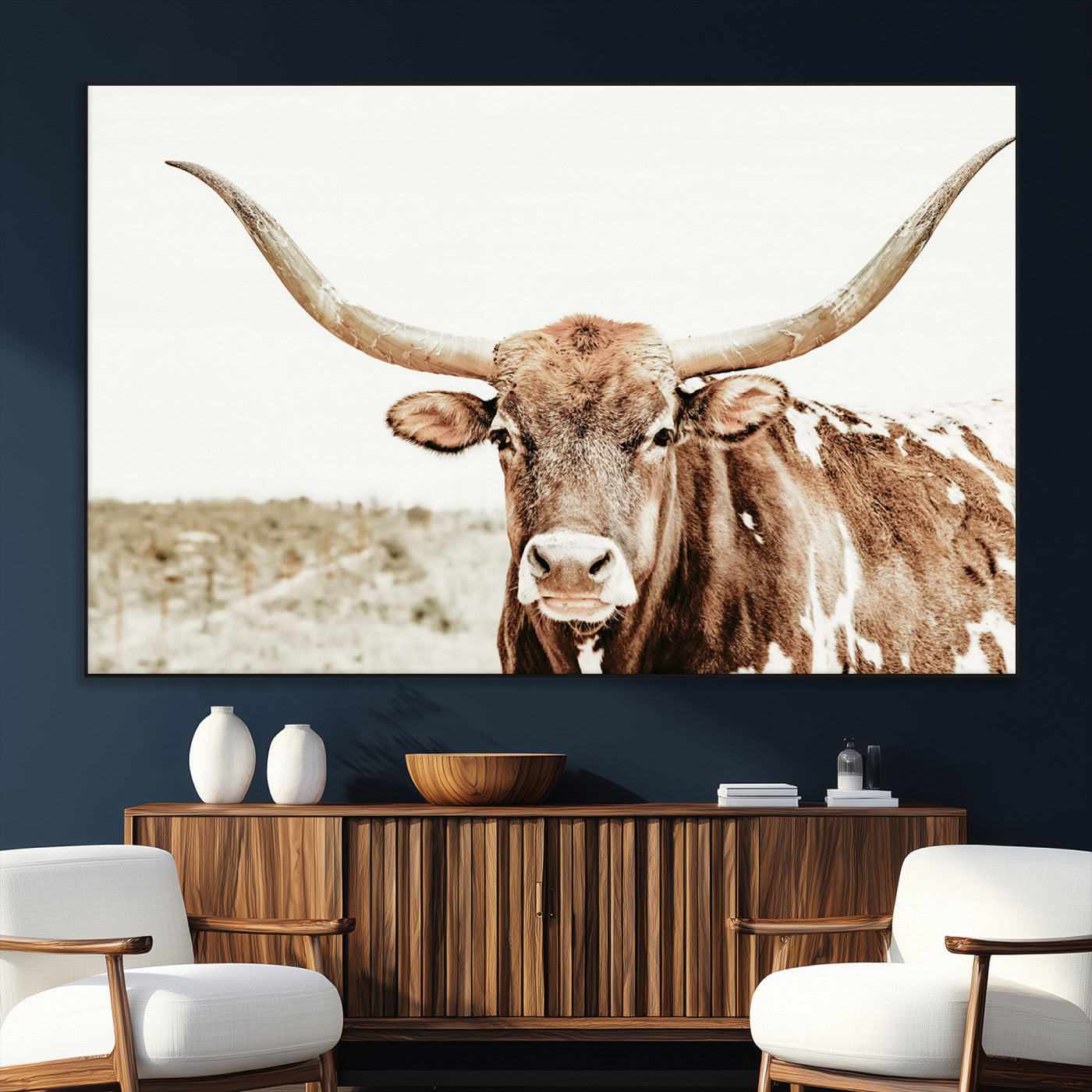 98924580-SEG-FC-51X34_Oversize_Oversize-Texas Longhorn Bull Wall Art Canvas Print, Framed Rustic Farmhouse Decor Art Picture Print, Western Animal Theme Perfect Rustic