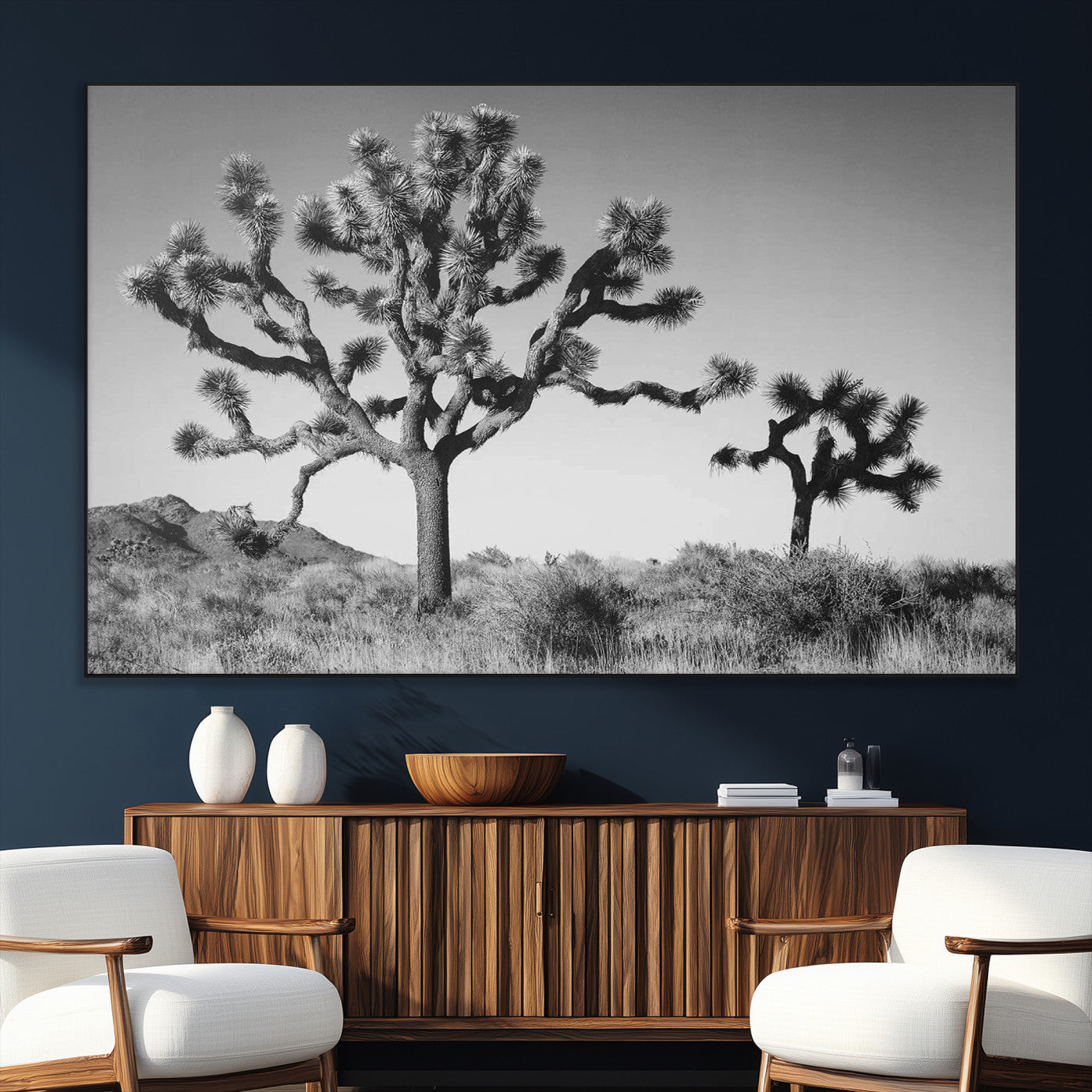 93692513-MGV-CV-36X24-Joshua Tree Wall Art Canvas Print, Framed Monochrome Desert Art Picture Print, Minimalist Nature Scene Perfect Southwestern