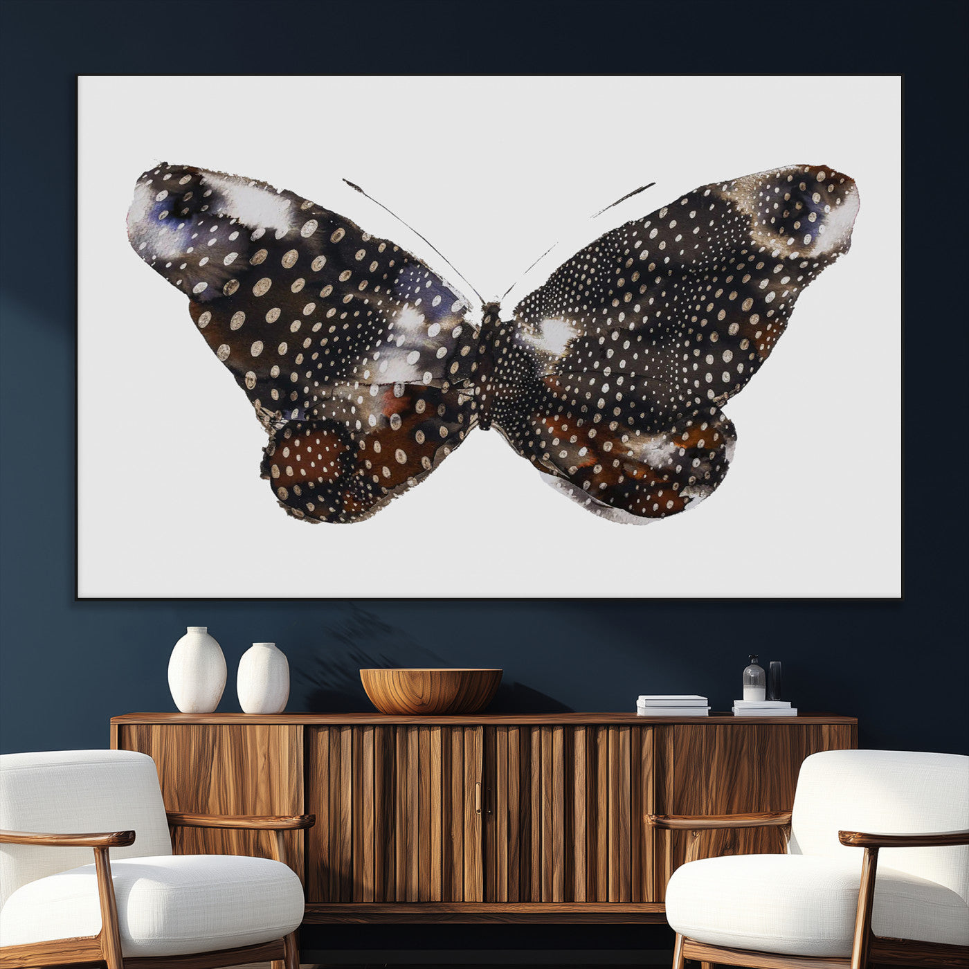99831147-SEG-FC-51X34_Oversize_Oversize-Spotted Butterfly Wall Art Canvas Print, Framed Neutral Insect Theme Art Picture Print, Earthy Wing Pattern Perfect Modern Rustic