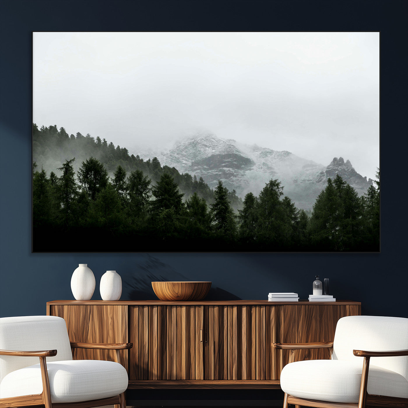 55968349-MGV-CV-36X24-Misty Mountains Wall Art Canvas Print, Framed Foggy Forest Art Picture Print, Snowy Peaks Perfect Moody Wilderness Decor Artwork