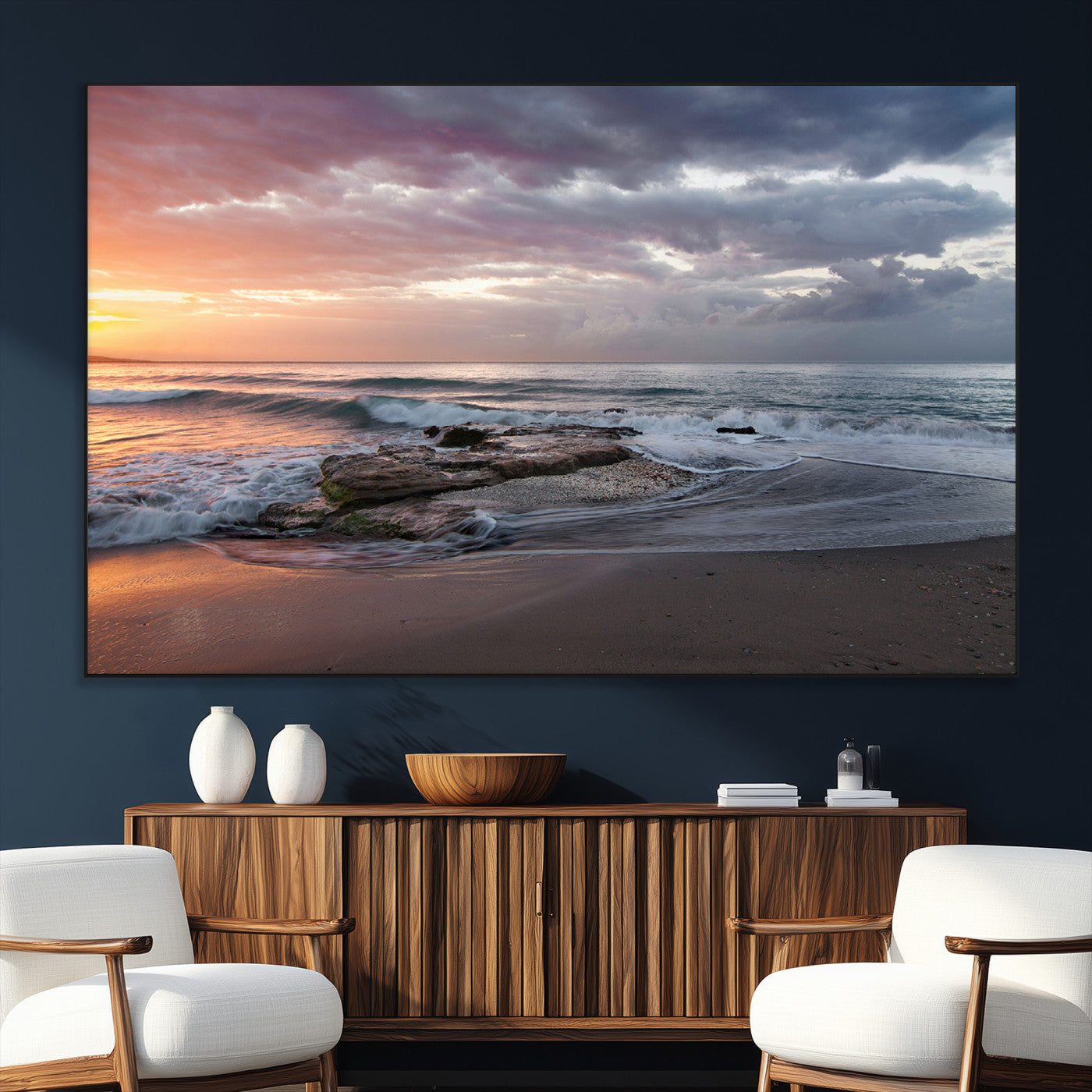 94208089-SEG-FC-51X34_Oversize_Oversize-Golden Hour Wall Art Canvas Print, Framed Tranquil Waves Art Picture Print, Beach Horizon Perfect Coastal Serenity Decor Artwork