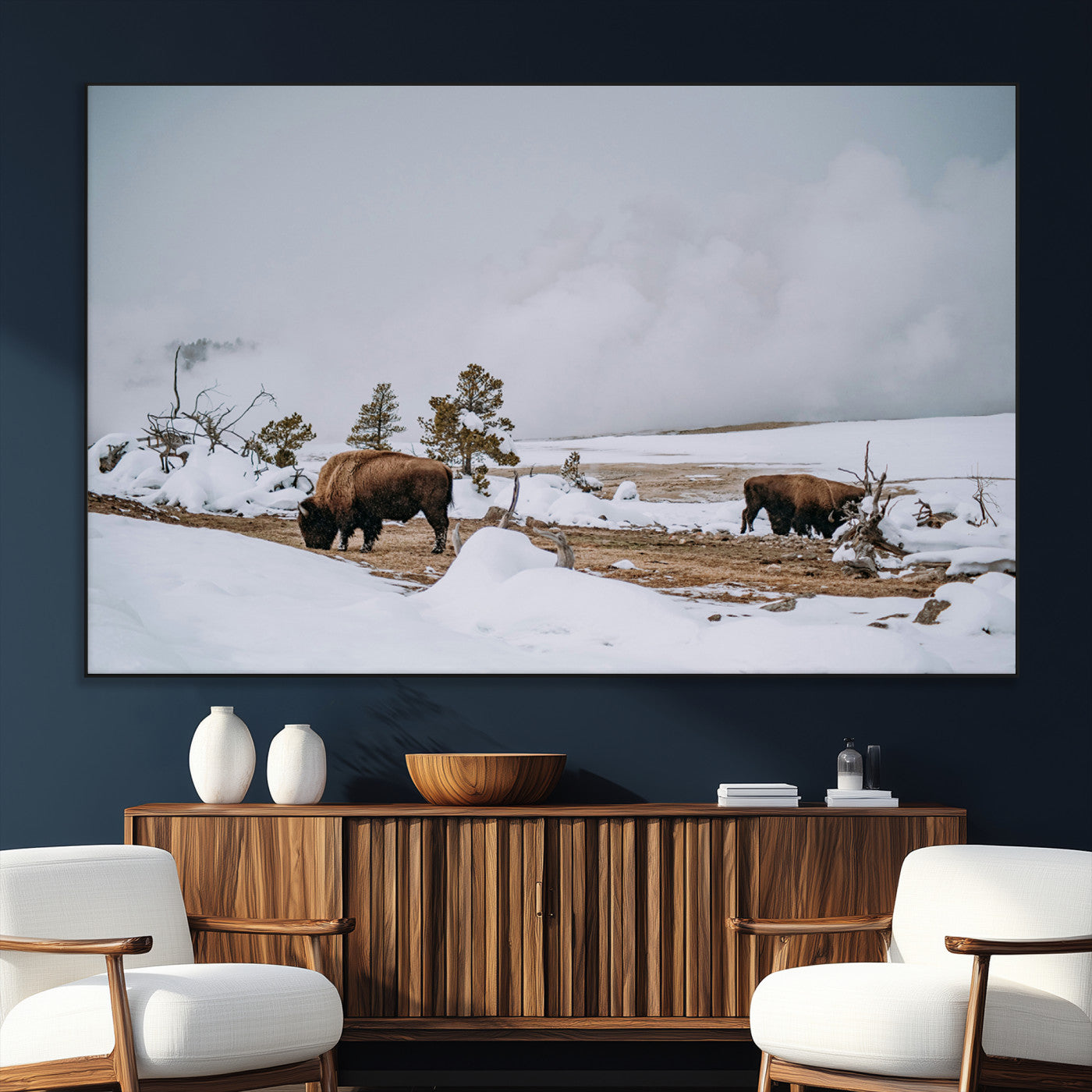 60308289-SEG-FC-51X34_Oversize_Oversize-Bison Wildlife Wall Art Canvas Print, Framed Snowy Prairie Art Picture Print, Western Landscape Perfect Rustic Winter Decor