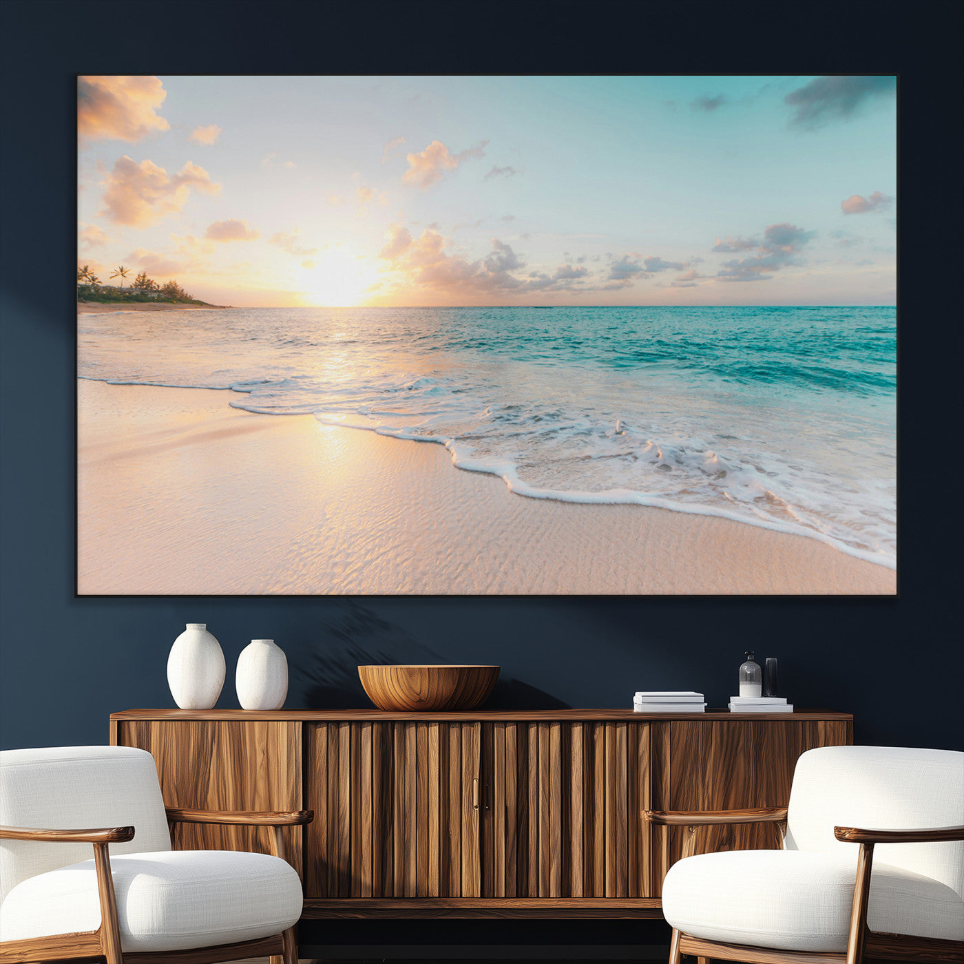 94538225-SEG-FC-51X34_Oversize_Oversize-Beach Sunset Wall Art Canvas Print, Framed Ocean Waves Art Picture Print, Summer Escape Perfect Coastal Serenity Decor Artwork