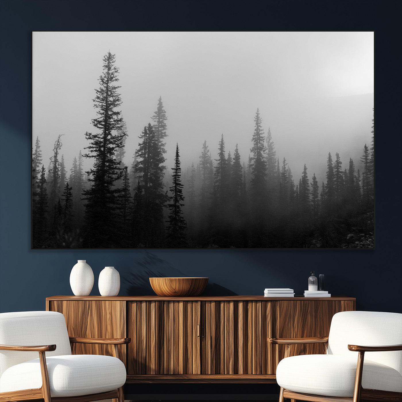 73138900-SEG-FC-51X34_Oversize_Oversize-Misty Pines Wall Art Canvas Print, Framed Woodland Photography Art Picture Print, Minimalist Decor Perfect Modern Rustic Decor
