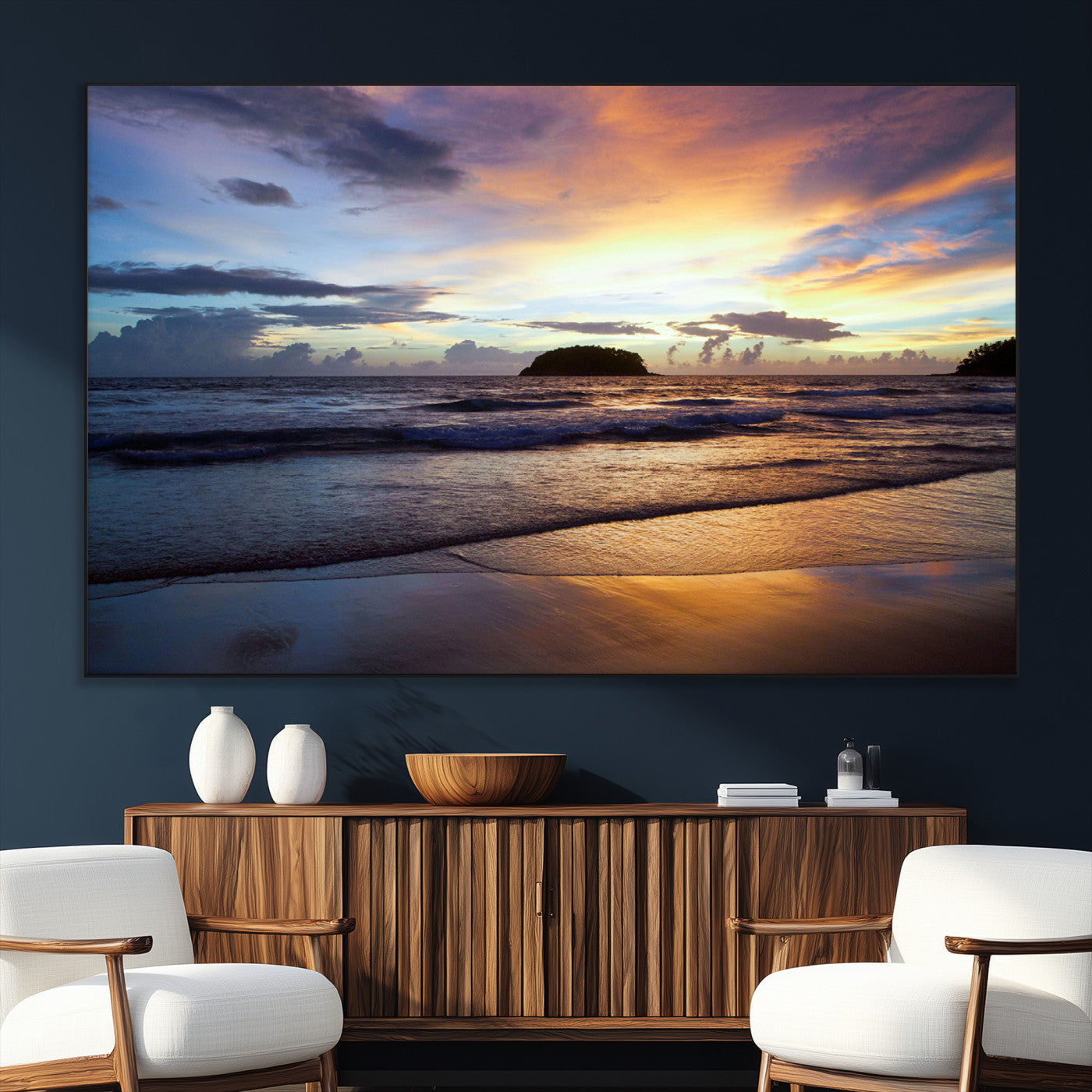 36714356-MGV-CV-36X24-Beach Sunset Wall Art Canvas Print, Framed Ocean Waves Art Picture Print, Tropical Seascape Perfect Coastal Serenity Decor Artwork