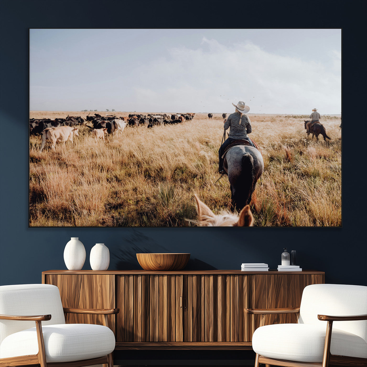 22431577-SEG-FC-51X34_Oversize_Oversize-Western Wall Art Wall Art Canvas Print, Framed Cowboy Canvas Art Picture Print, Cattle Drive Scene Perfect Rustic Western Decor