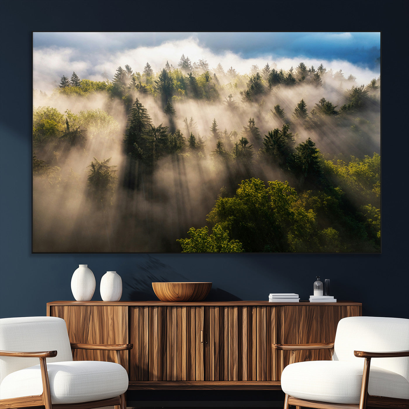 14785710-SEG-FC-51X34_Oversize_Oversize-Tranquil Forest Scene Wall Art Canvas Print, Framed Sunbeam Through Trees Art Picture Print, Moody Green Wall Art Perfect