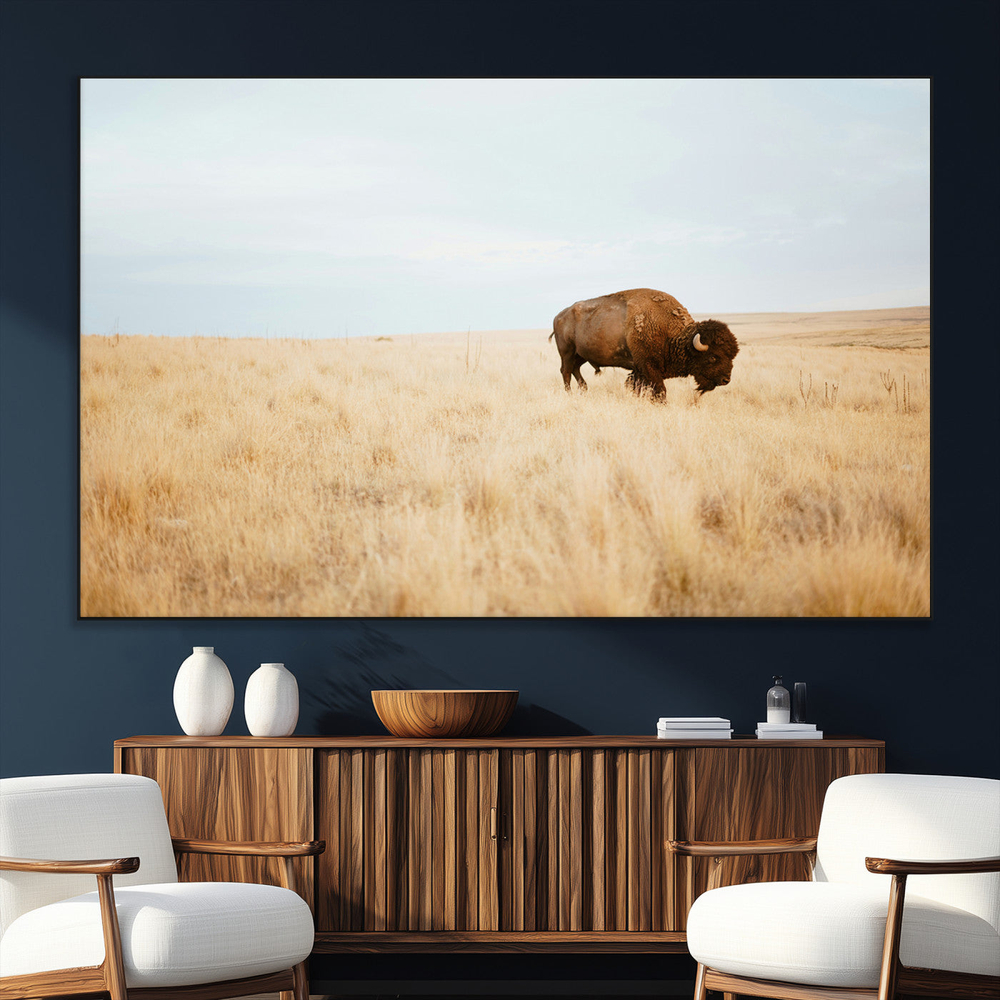 61392510-SEG-FC-51X34_Oversize_Oversize-Buffalo Wall Art Wall Art Canvas Print, Framed Western Wildlife Decor Art Picture Print, Rustic Farmhouse Art Perfect Rustic