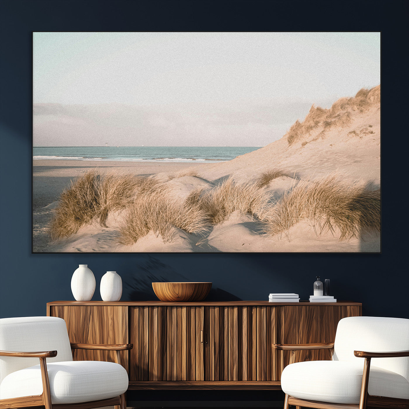 28064037-SEG-FC-51X34_Oversize_Oversize-Minimalist Seascape Wall Art Canvas Print, Framed Neutral Beach Print Art Picture Print, Sand Dune Photography Perfect