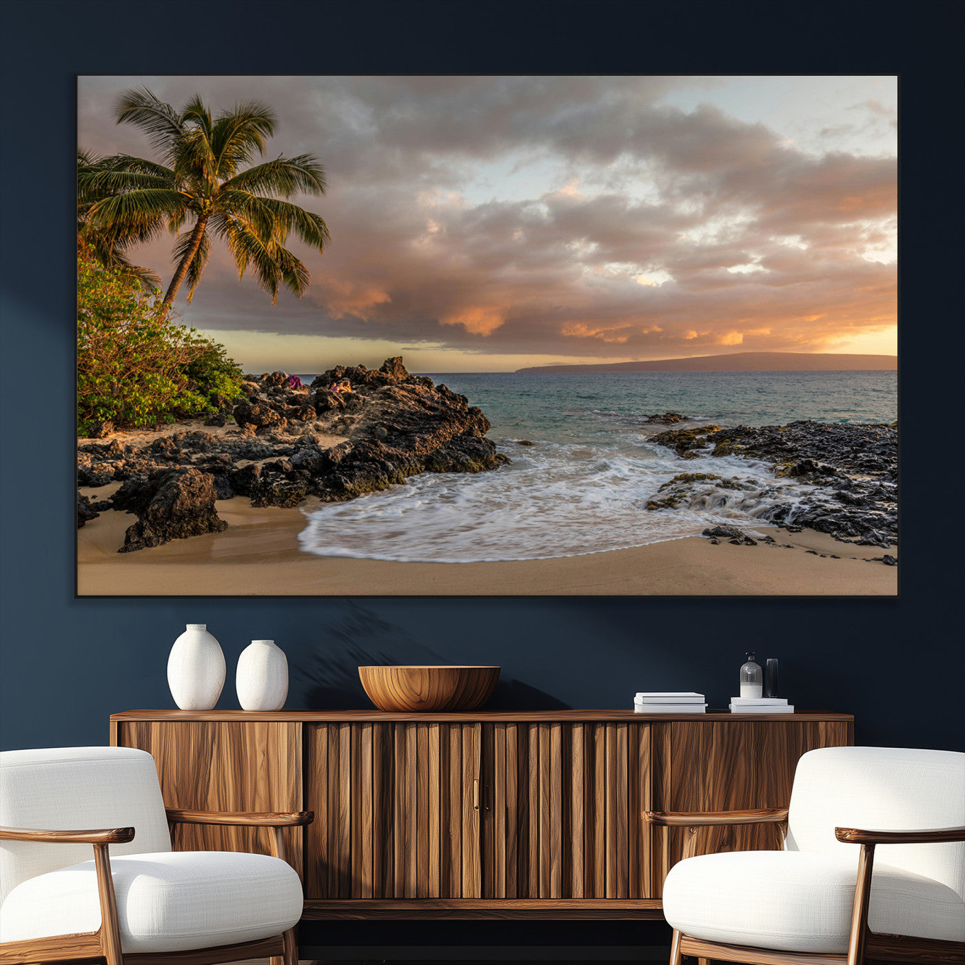 55108220-SEG-FC-51X34_Oversize_Oversize-Tropical Beach Wall Art Canvas Print, Framed Hawaiian Sunset Art Picture Print, Ocean Waves Perfect Coastal Tropical Decor Artwork