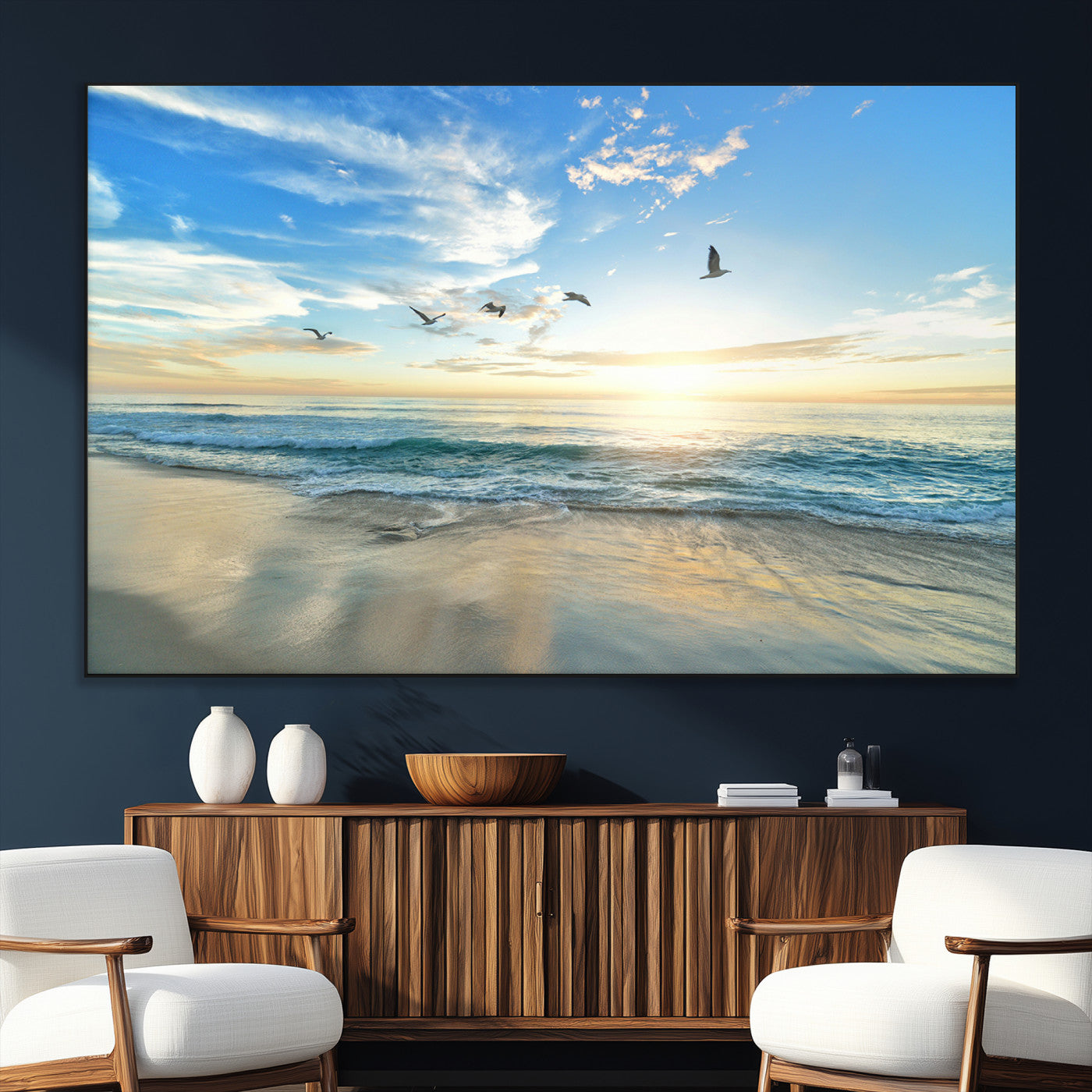 20708696-SEG-FC-51X34_Oversize_Oversize-Minimalist Seaside Wall Art Canvas Print, Framed Morning Glow Art Picture Print, Golden Reflections Perfect Coastal Minimalist