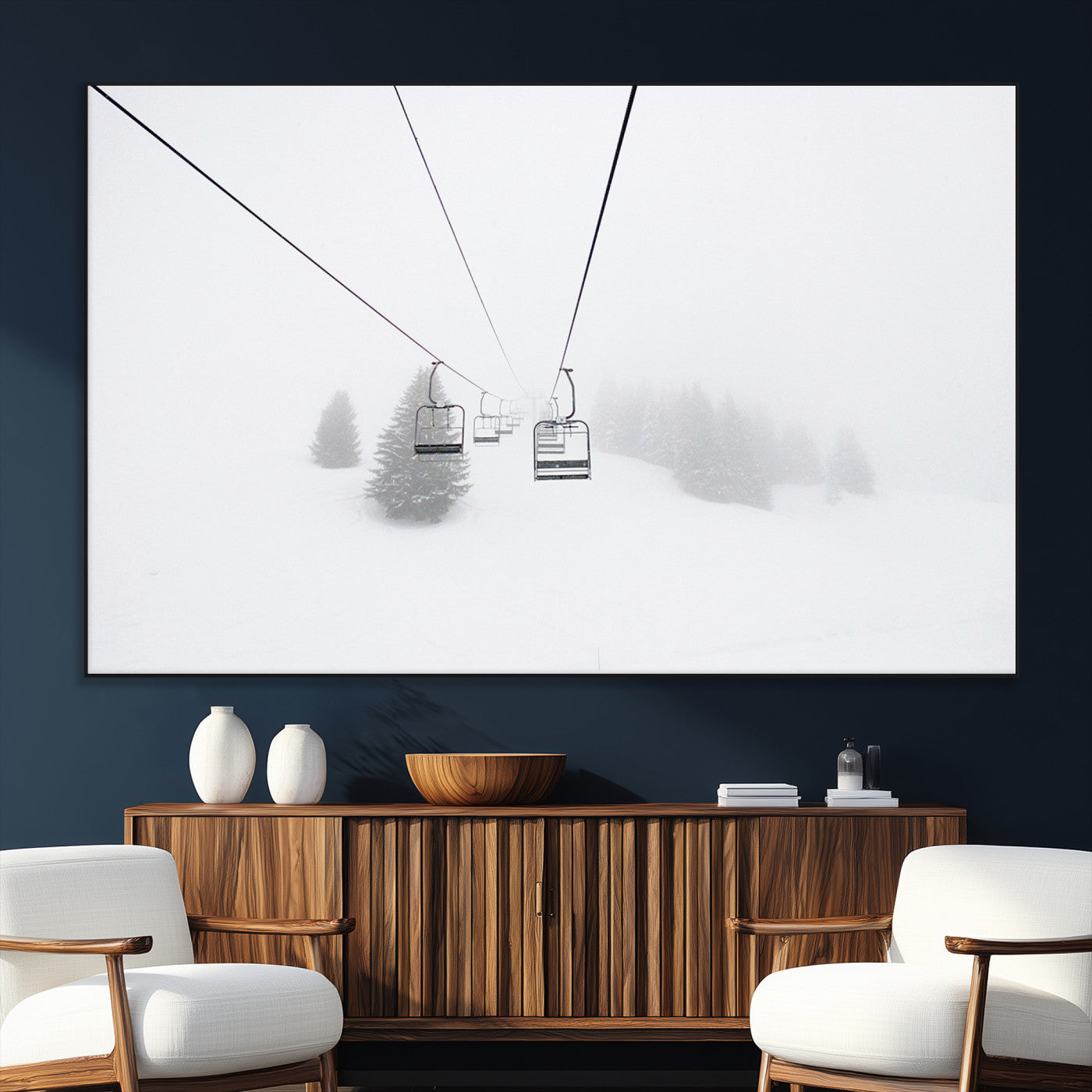 20216390-SEG-FC-51X34_Oversize_Oversize-Ski Lift Wall Art Canvas Print, Framed Snowy Landscape Art Picture Print, Alpine Adventure Perfect Nordic Minimalist Decor Artwork