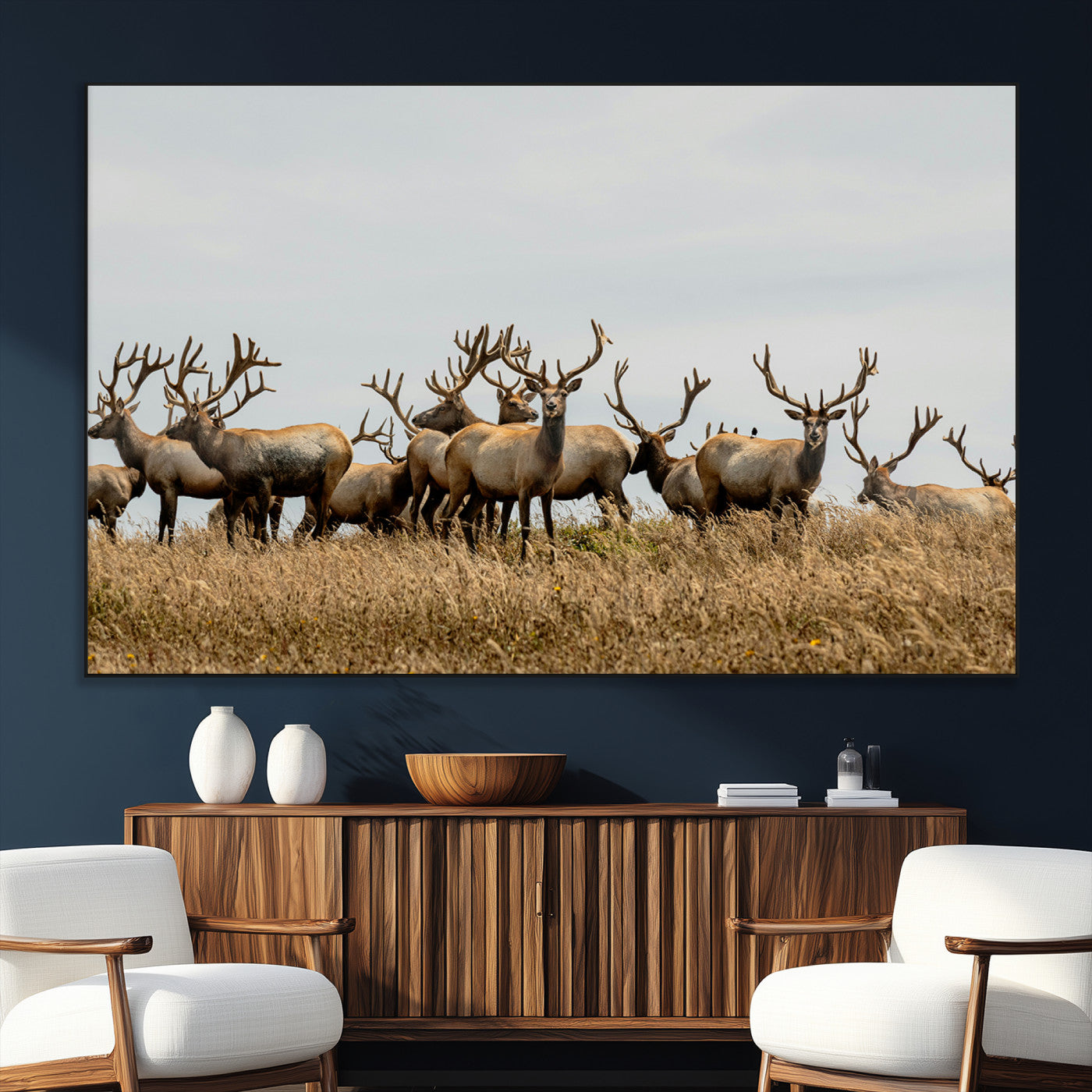 42170220-SEG-FC-51X34_Oversize_Oversize-Elk Herd Wall Art Canvas Print, Framed Wildlife Photography Art Picture Print, Majestic Antlers Perfect Rustic Wildlife Decor