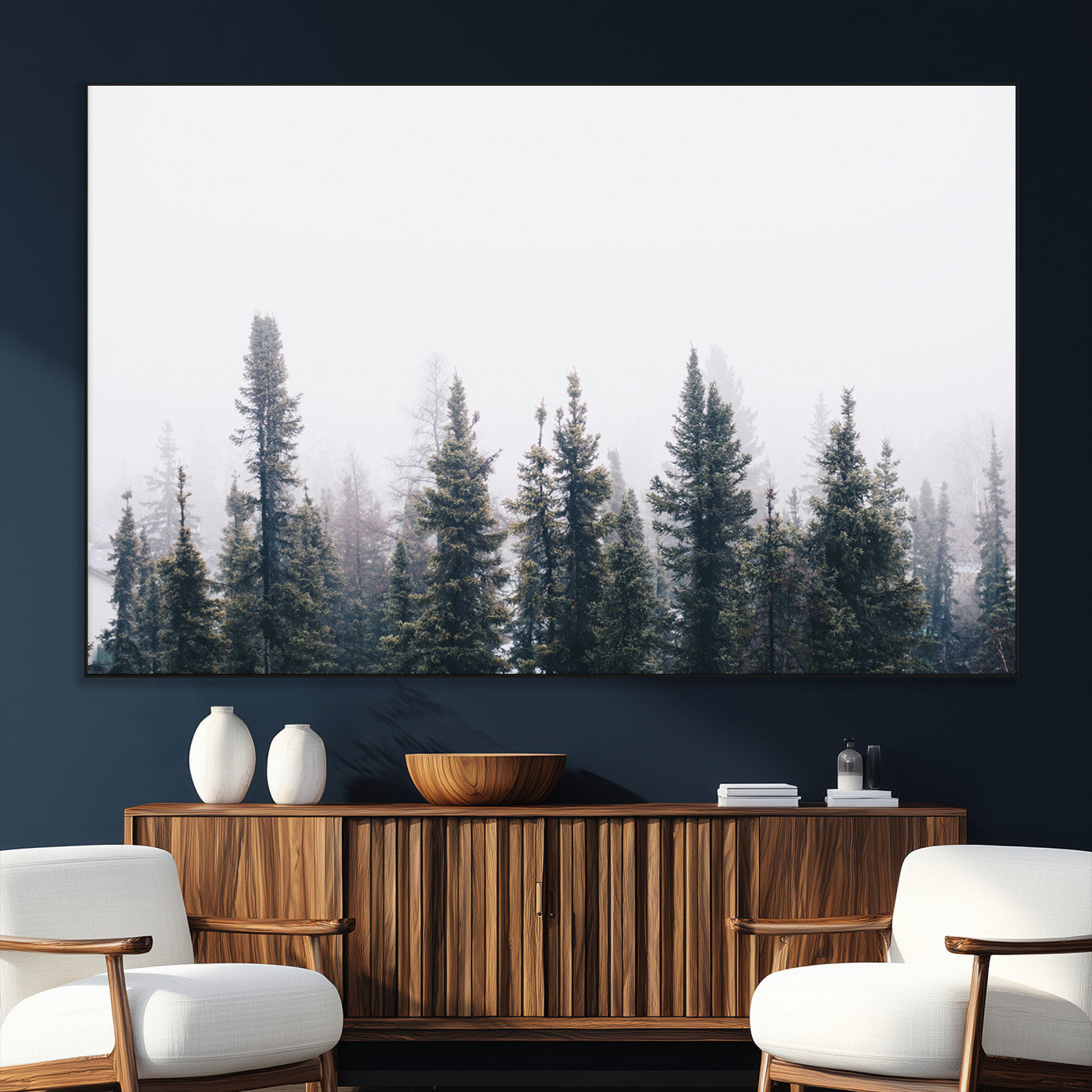 42364796-SEG-FC-51X34_Oversize_Oversize-Foggy Forest Wall Art Canvas Print, Framed Misty Pines Art Picture Print, Moody Woodland Perfect Scandinavian Minimalist Decor