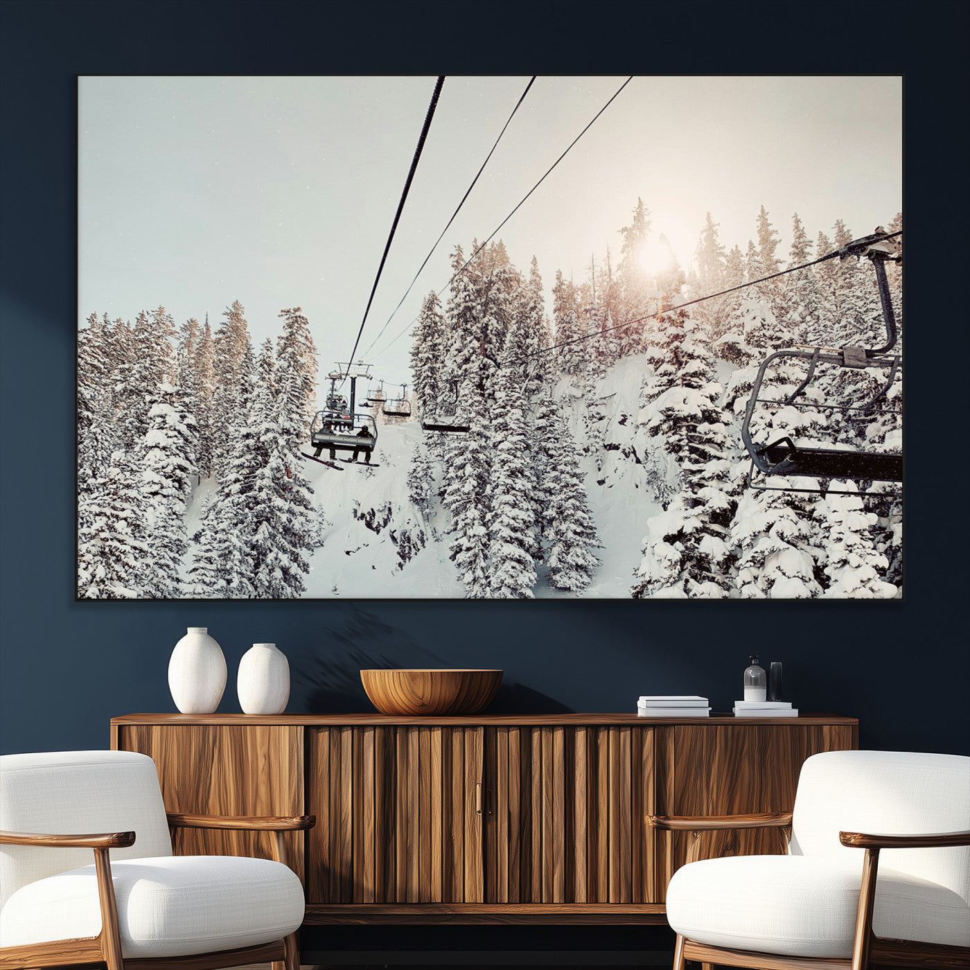 91534512-SEG-FC-51X34_Oversize_Oversize-Frosty Pines Wall Art Canvas Print, Framed Cozy Cabin View Art Picture Print, Ski Lift Ride Perfect Rustic Lodge Decor Artwork