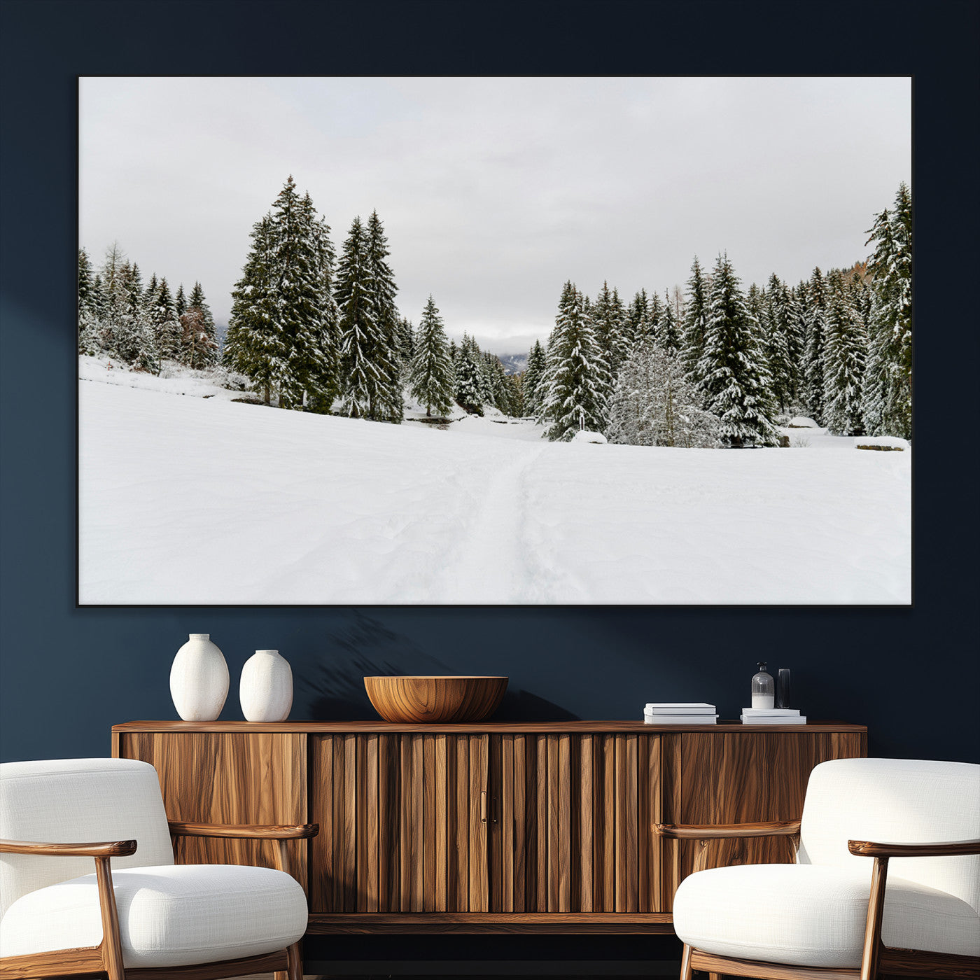 24581417-SEG-FC-51X34_Oversize_Oversize-Frosty Pines Wall Art Canvas Print, Framed Silent Snowfall Art Picture Print, Cozy Cabin Vibes Perfect Nordic Minimalist Decor