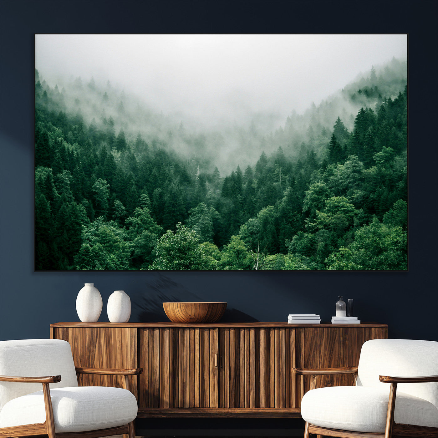 45265379-SEG-FC-51X34_Oversize_Oversize-Misty Forest Wall Art – Green Mountain Pine Tree Landscape Canvas Print, Nature Photography Artwork Home Decor for Bedroom, Living