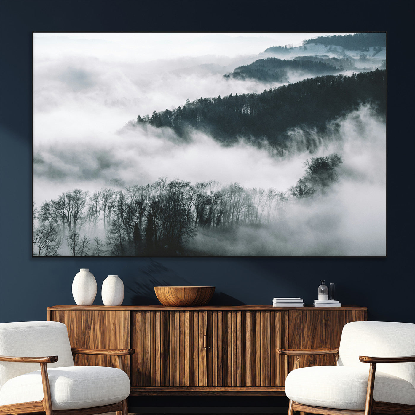 67569654-SEG-FC-51X34_Oversize_Oversize-Foggy Forest Wall Art – Mist Covered Hills and Trees Landscape Canvas Print, Moody Nature Photography Decor for Living Room,