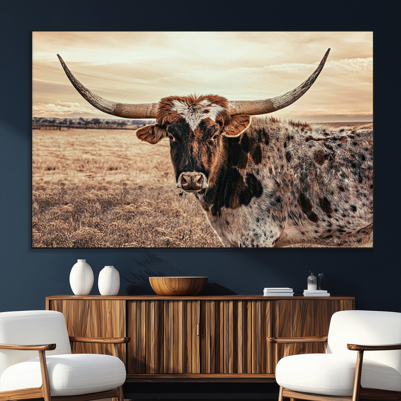 95745718-SEG-FC-51X34_Oversize_Oversize-Texas Longhorn Wall Art – Western Cattle Photography Canvas Print, Rustic Ranch Animal Artwork Country Farmhouse Decor for Living