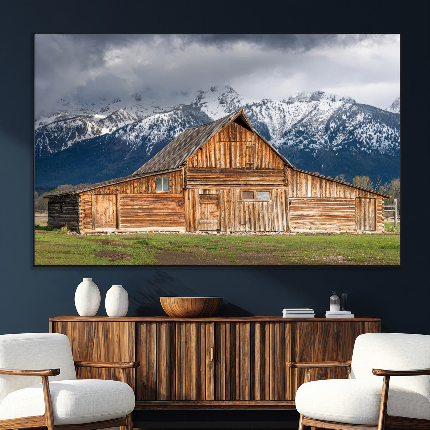 15173627-SEG-FC-51X34_Oversize_Oversize-Barn Wall Art – Rustic Wooden Cabin Canvas Print with Snowy Mountain Landscape, Western Farmhouse Country Decor for Living Room,