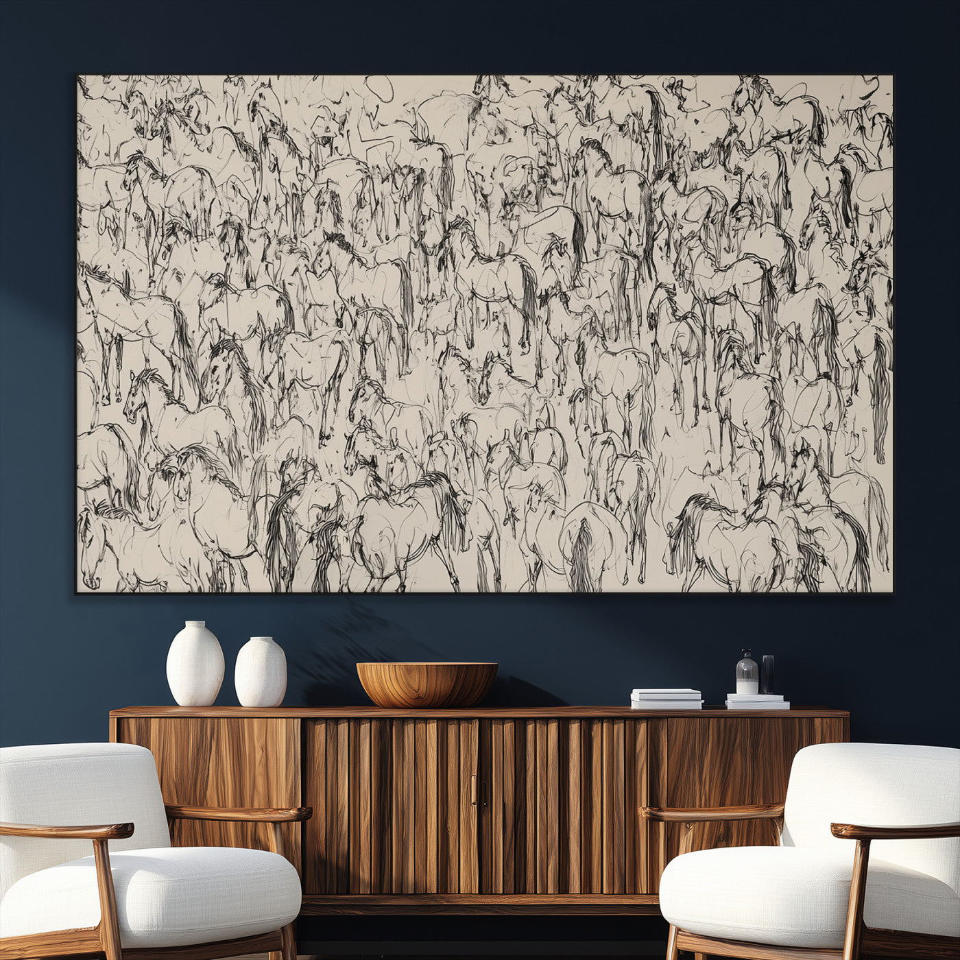 12358908-SEG-FC-51X34_Oversize_Oversize-Horse Herd Sketch Wall Art – Abstract Wild Horses Line Drawing Canvas Print, Rustic Western Style Equestrian Decor for Living