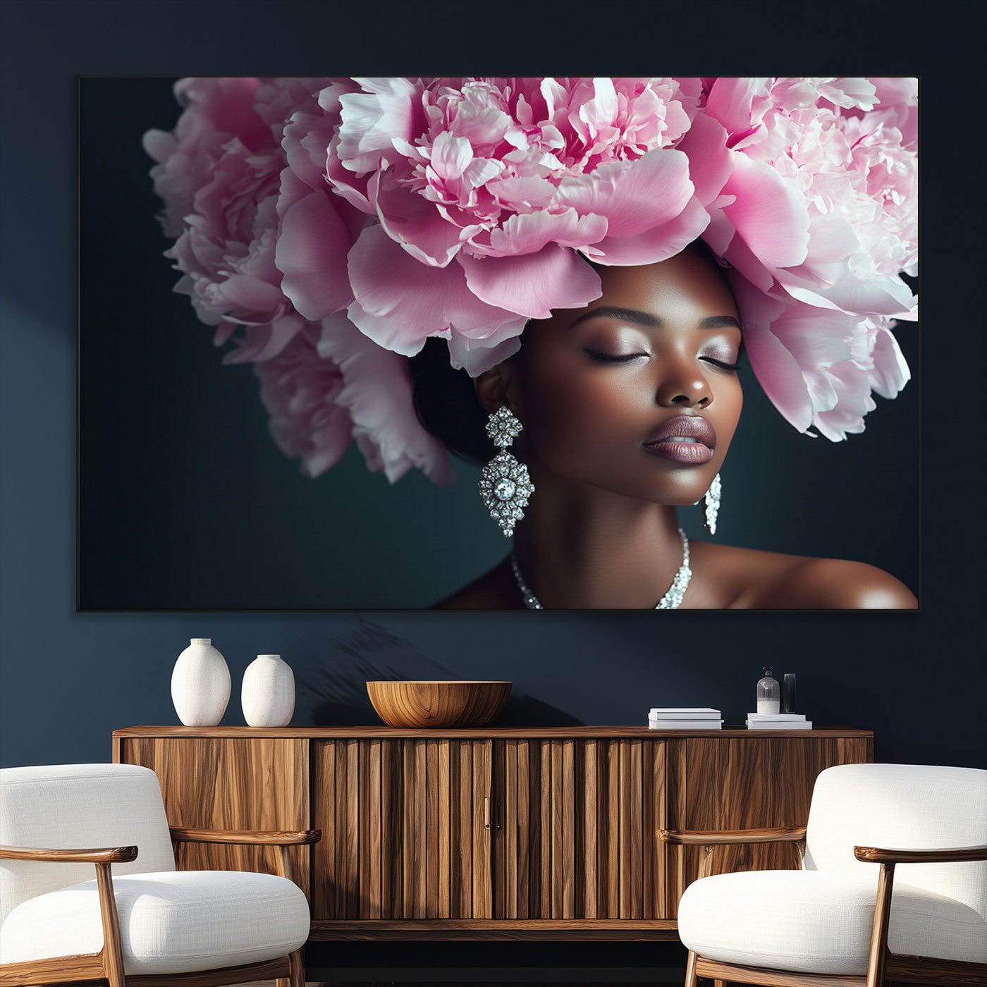 35482880-MGV-CV-36X24-Floral Portrait Wall Art – Elegant Woman with Pink Peony Headpiece Canvas Print, Luxury Fashion Inspired Artwork, Modern Glam