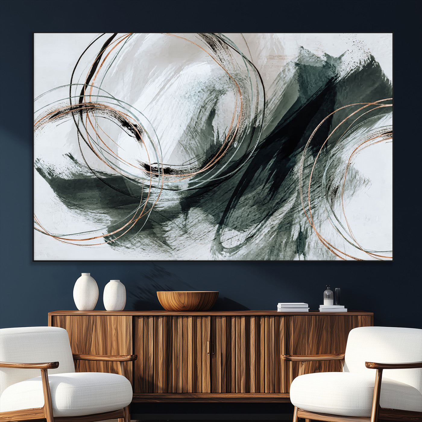86583265-SEG-FC-90X60_Oversize_Oversize-Black and Gray Abstract Wall Art – Modern Copper Circle Canvas Print, Contemporary Minimalist Painting for Living Room, Bedroom,