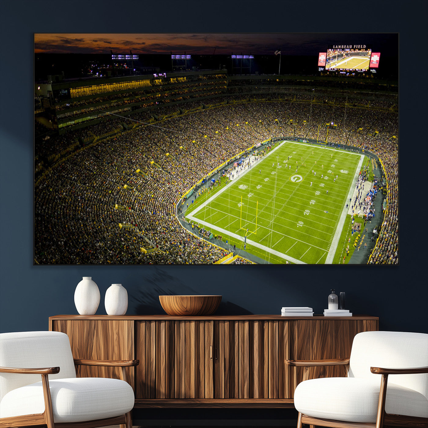 23655234-SEG-FC-51X34_Oversize_Oversize-Lambeau Field Stadium Wall Art – American Football Night Game Canvas Print with Packed Crowd and Lights – Sports Decor for Man