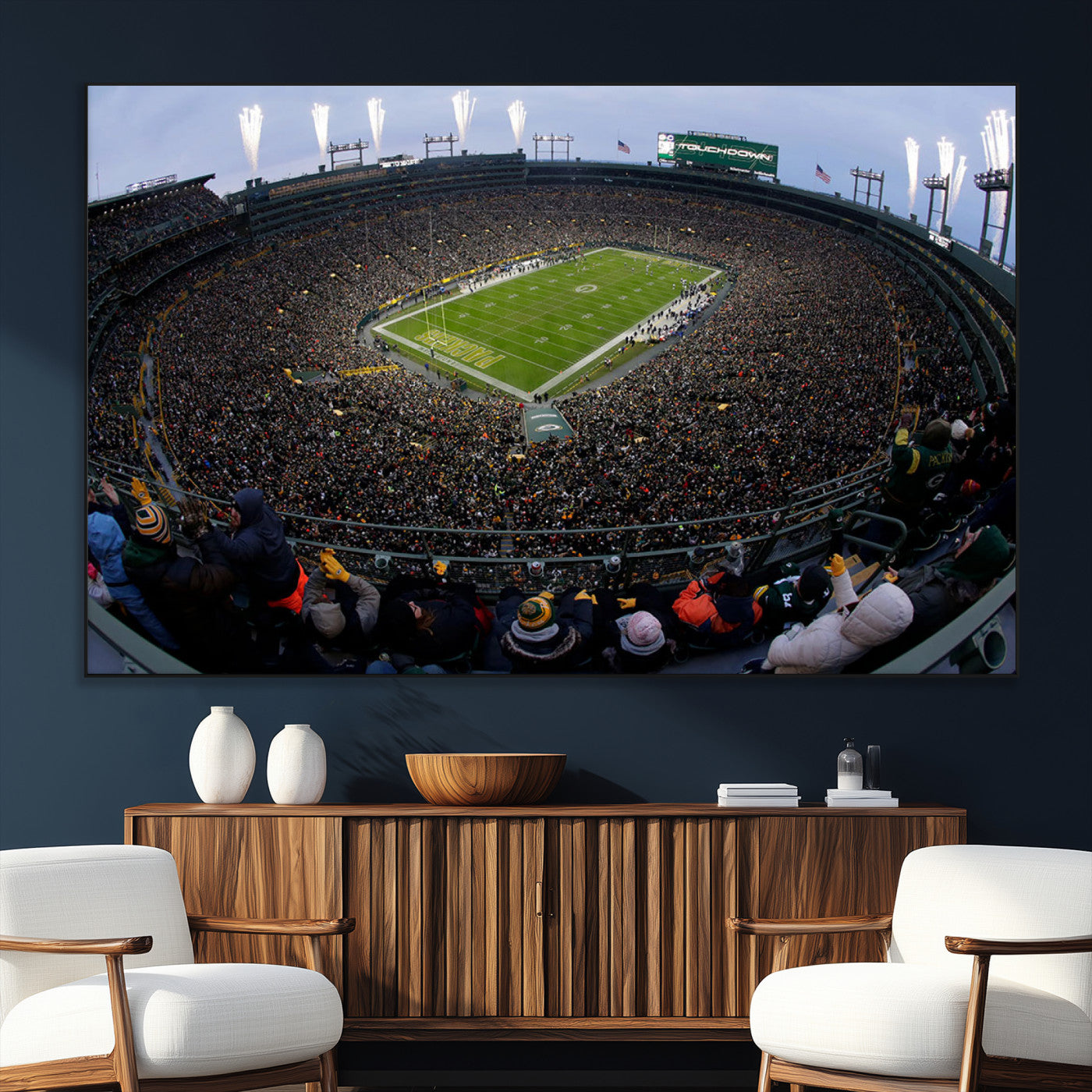 14387817-SEG-FC-51X34_Oversize_Oversize-Lambeau Field Stadium Wall Art – Green Bay Packers Game Day Canvas Print with Fireworks and Crowd – NFL Football Fan Man Cave