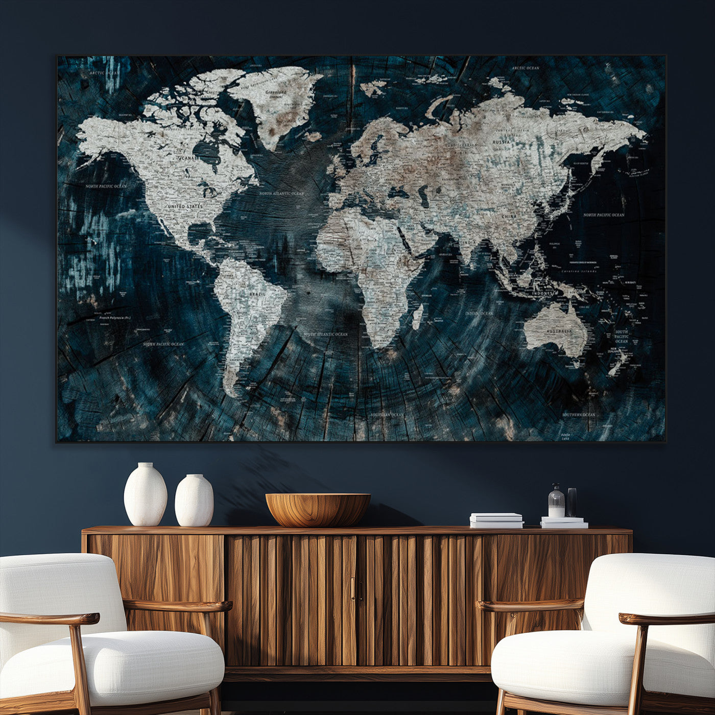 34425609-MGV-CV-36X24-World Map Wall Art – Rustic Navy and Grey Atlas Canvas Print, Distressed Explorer Map Artwork, Industrial Style Decor for Office,