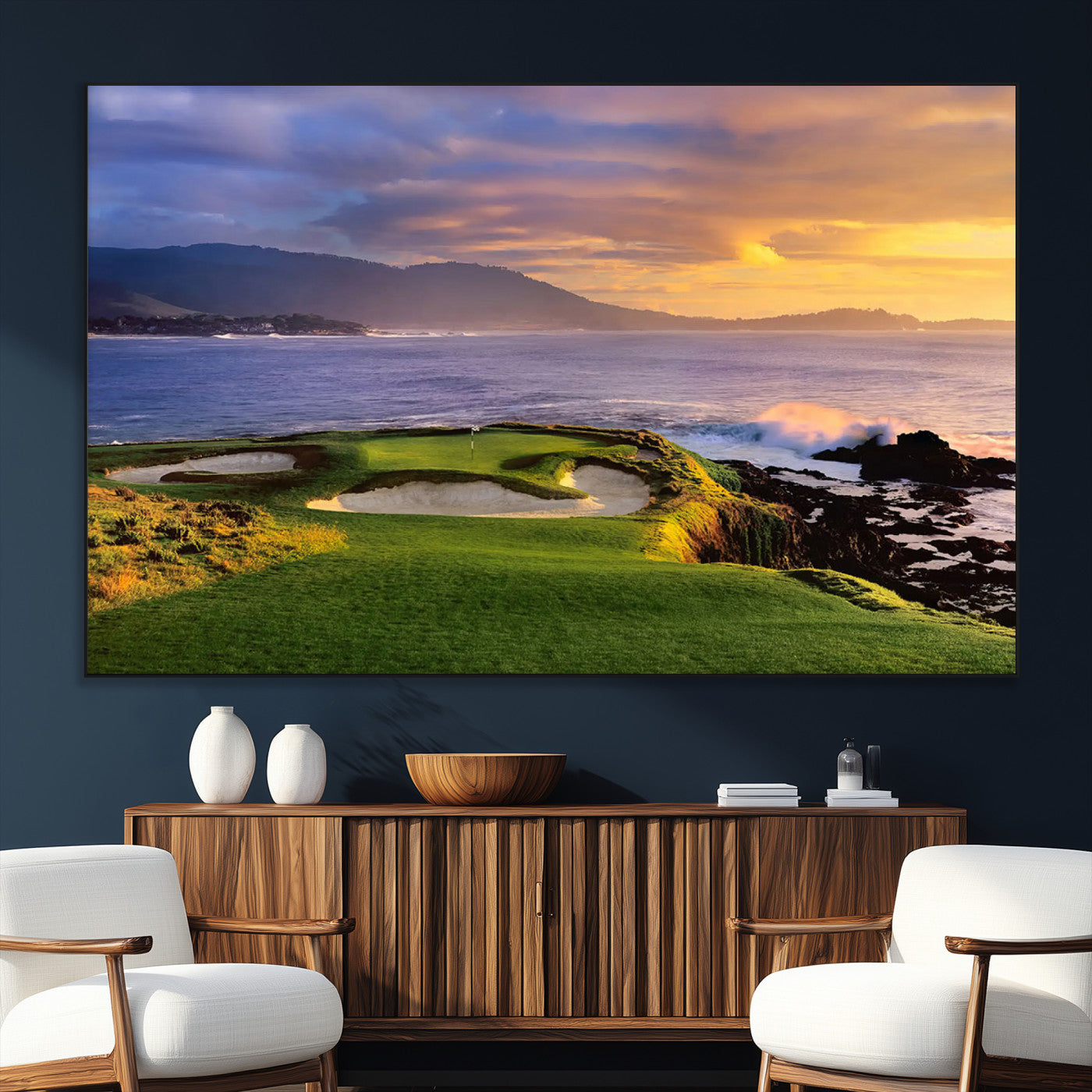 39644075-MGV-CV-36X24-Golf Course Wall Art – Coastal Sunset Canvas Print, Scenic Oceanfront Fairway Landscape Decor for Office, Man Cave, or Living Room