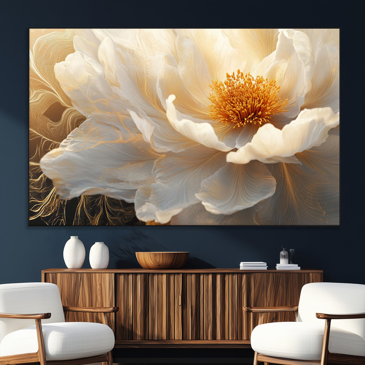 29539087-SEG-FC-51X34_Oversize_Oversize-Floral Wall Art – Elegant White and Gold Bloom Canvas Print, Romantic Modern Flower Artwork for Bedroom, Living Room, or Office