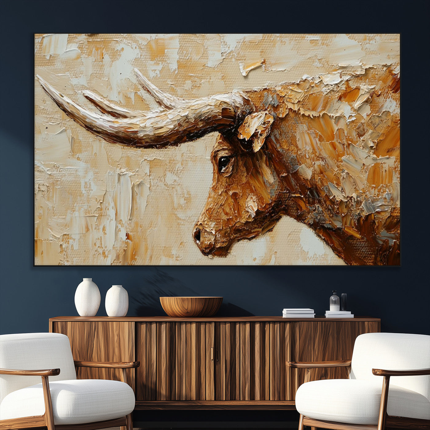 69611428-SEG-FC-51X34_Oversize_Oversize-Longhorn Bull Wall Art – Rustic Western Canvas Print, Textured Farmhouse Cattle Painting for Living Room, Office, or Ranch House