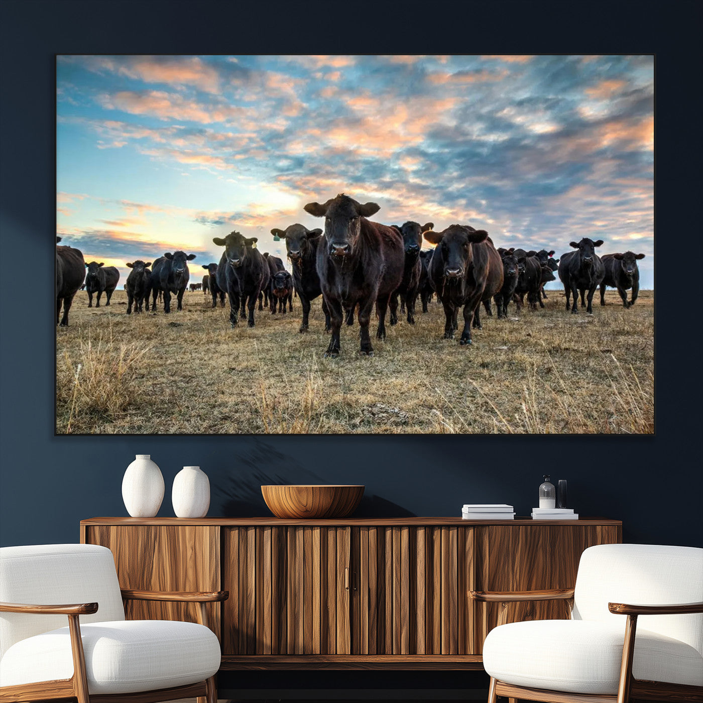 13867292-SEG-FC-51X34_Oversize_Oversize-Black Cattle Wall Art – Rustic Ranch Herd Canvas Print, Western Farmhouse Country Landscape Decor for Living Room, Office, or