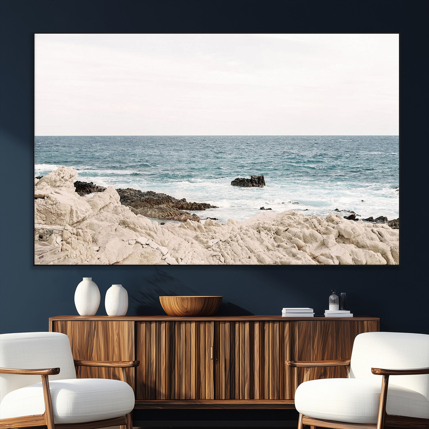 25481980-SEG-FC-51X34_Oversize_Oversize-Ocean Coastal Wall Art – Rocky Shoreline and Waves Canvas Print, Serene Beach Landscape Decor for Living Room, Bedroom, or Office